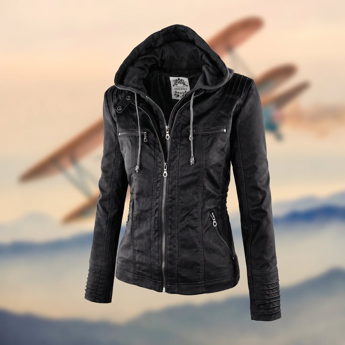 Sophie - Women's Hooded Zip-Up Biker Jacket - Motorcycle Outerwear - Black - Davies & Cooper