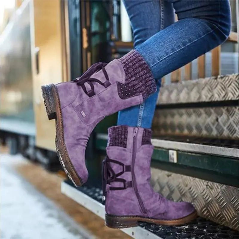 Sophie - Women's Knitted Cuff Ankle Boots with Lace-Up Detail - Boots - Purple - Davies & Cooper