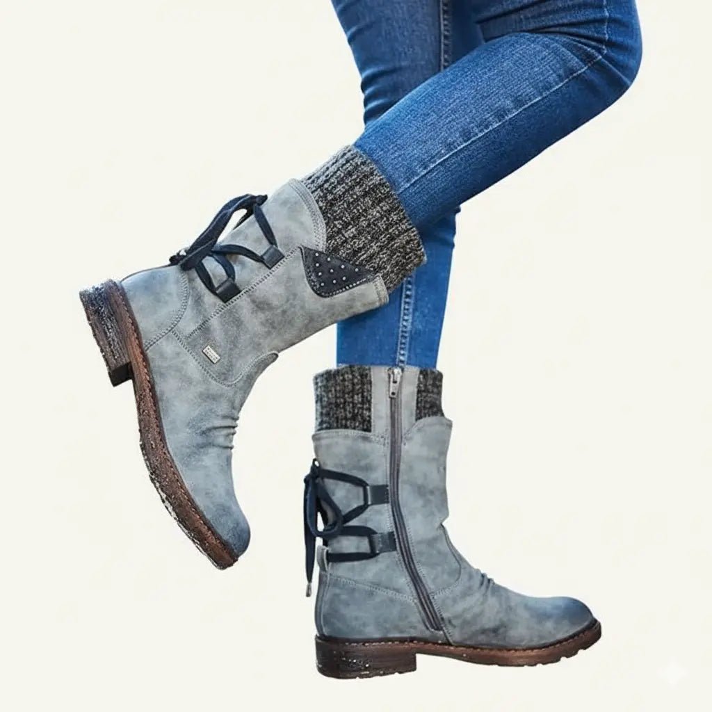 Sophie - Women's Knitted Cuff Ankle Boots with Lace-Up Detail - Boots - Grey - Davies & Cooper