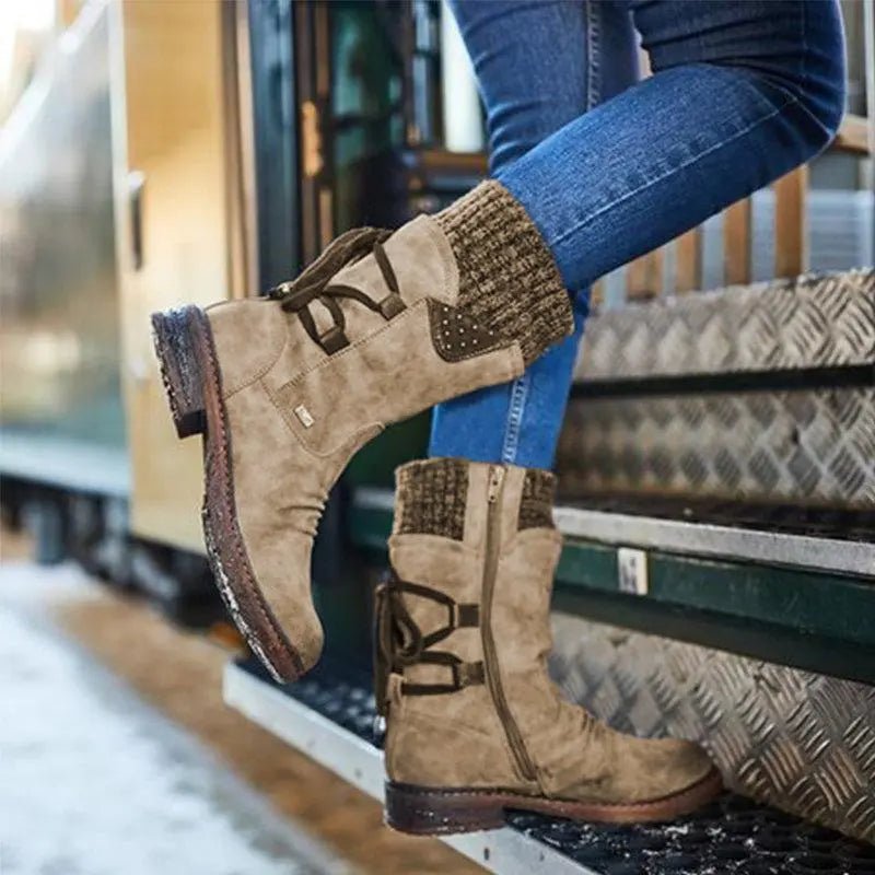 Sophie - Women's Knitted Cuff Ankle Boots with Lace-Up Detail - Boots - Brown - Davies & Cooper