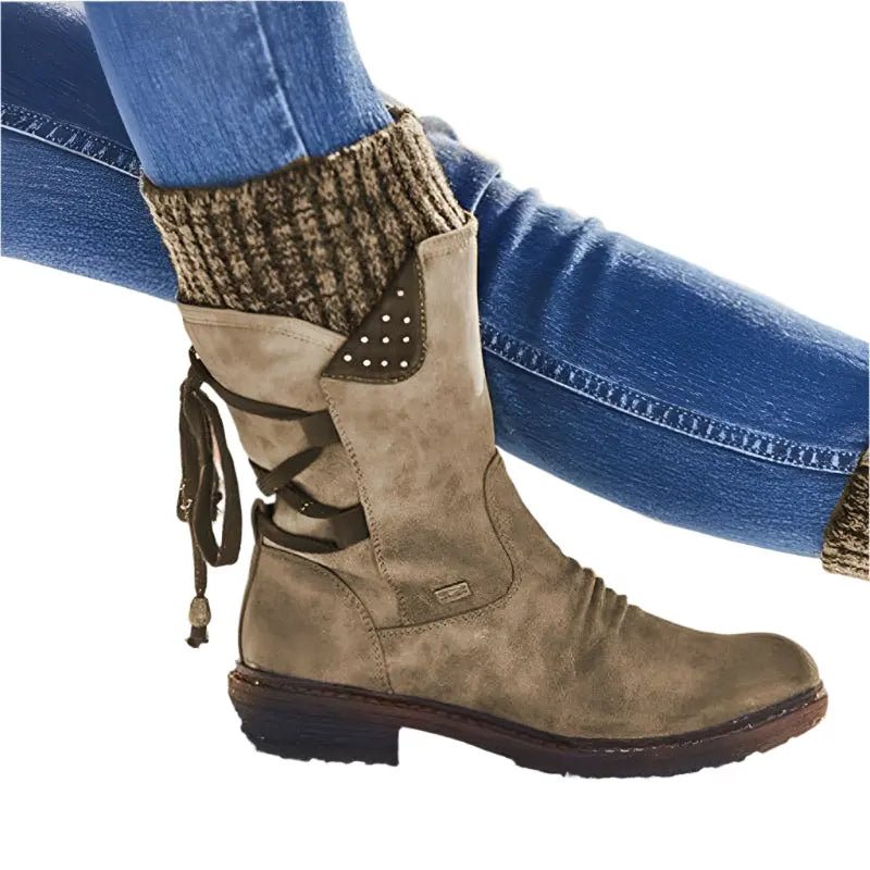 Sophie - Women's Knitted Cuff Ankle Boots with Lace-Up Detail - Boots - Brown - Davies & Cooper