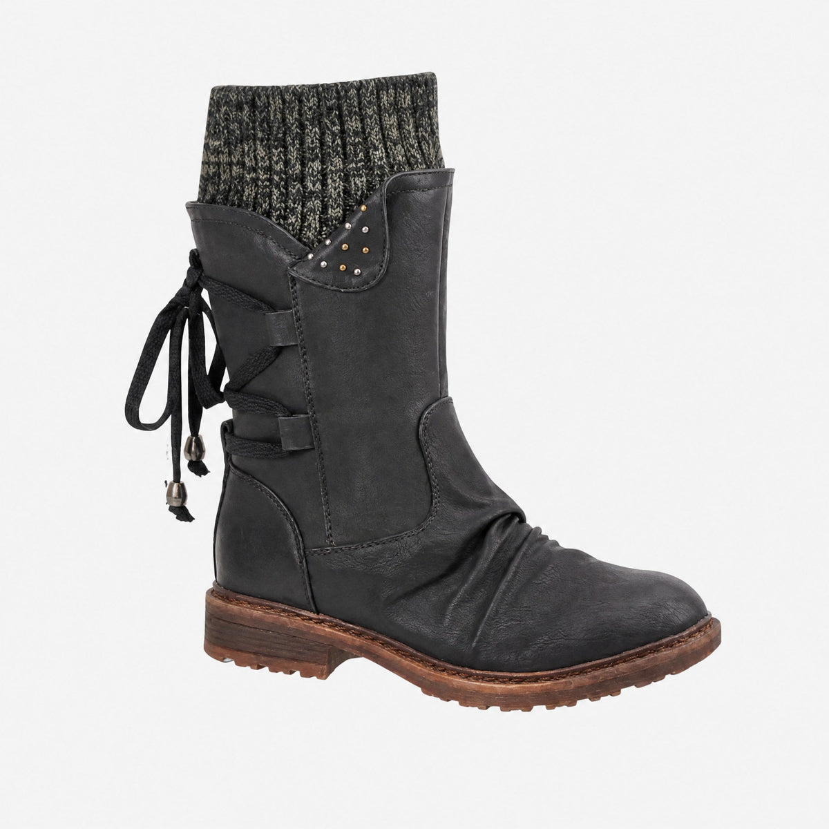 Sophie - Women's Knitted Cuff Ankle Boots with Lace-Up Detail - Boots - Black - Davies & Cooper