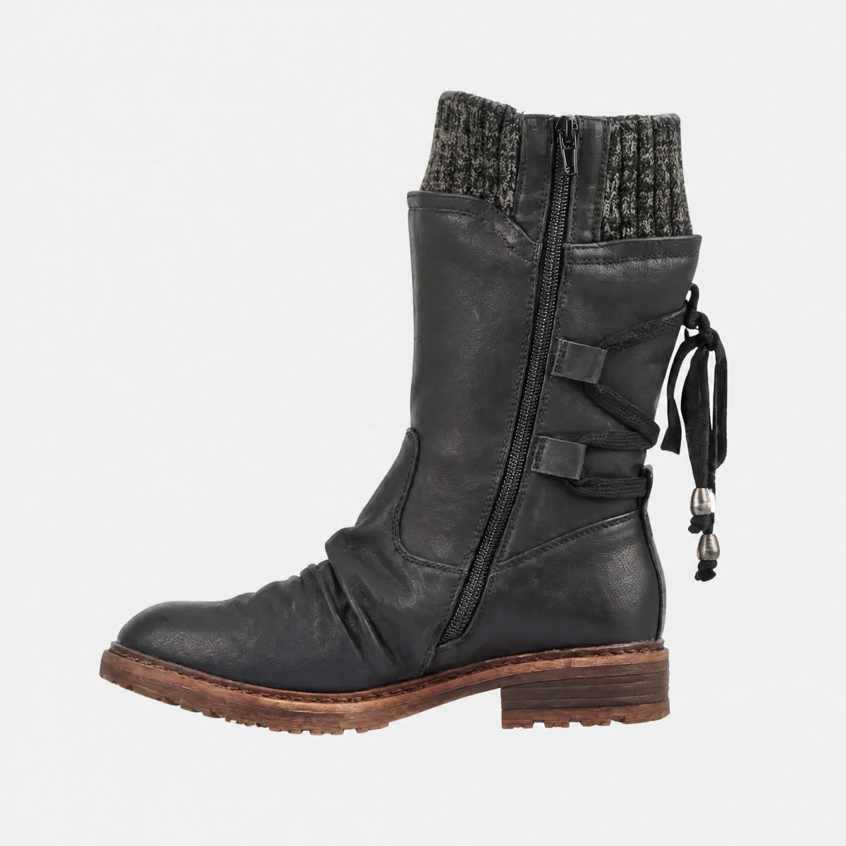 Sophie - Women's Knitted Cuff Ankle Boots with Lace-Up Detail - Boots - Black - Davies & Cooper