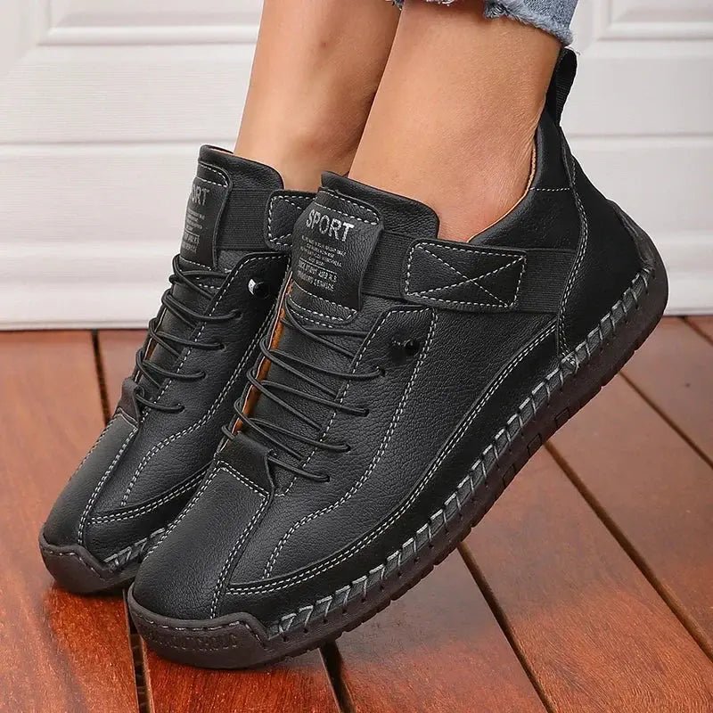 Sophie - Women's Lace-Up Ankle Trainers with Stitched Panels - Sneakers - Black - Davies & Cooper