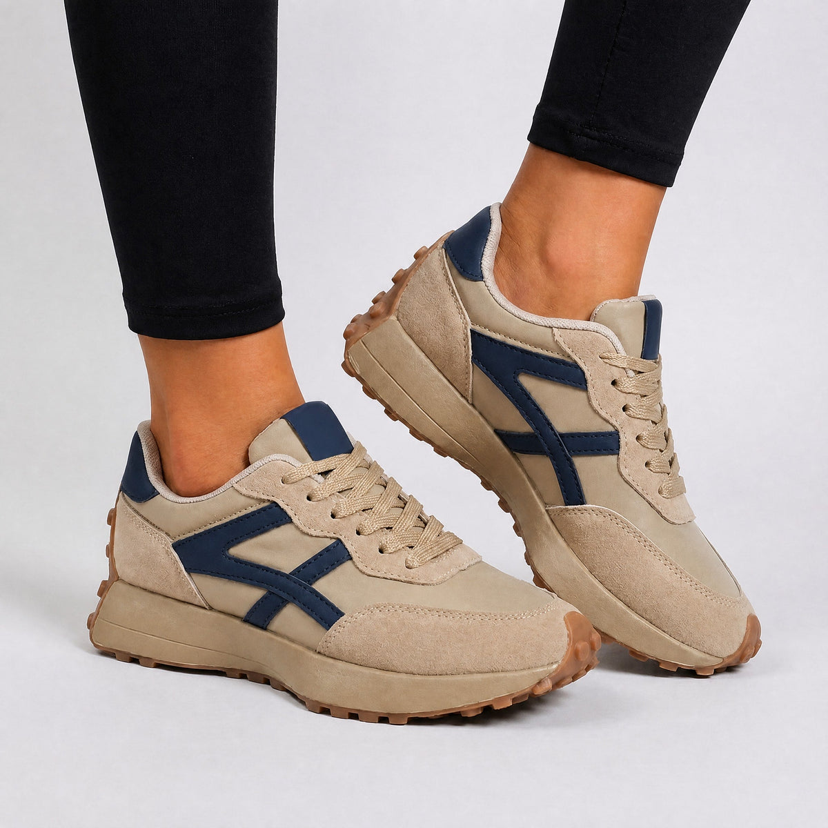 Sophie - Women's Lace-Up Trainers with Cushioned Sole and Contrast Panel - Sneakers - Khaki - Davies & Cooper