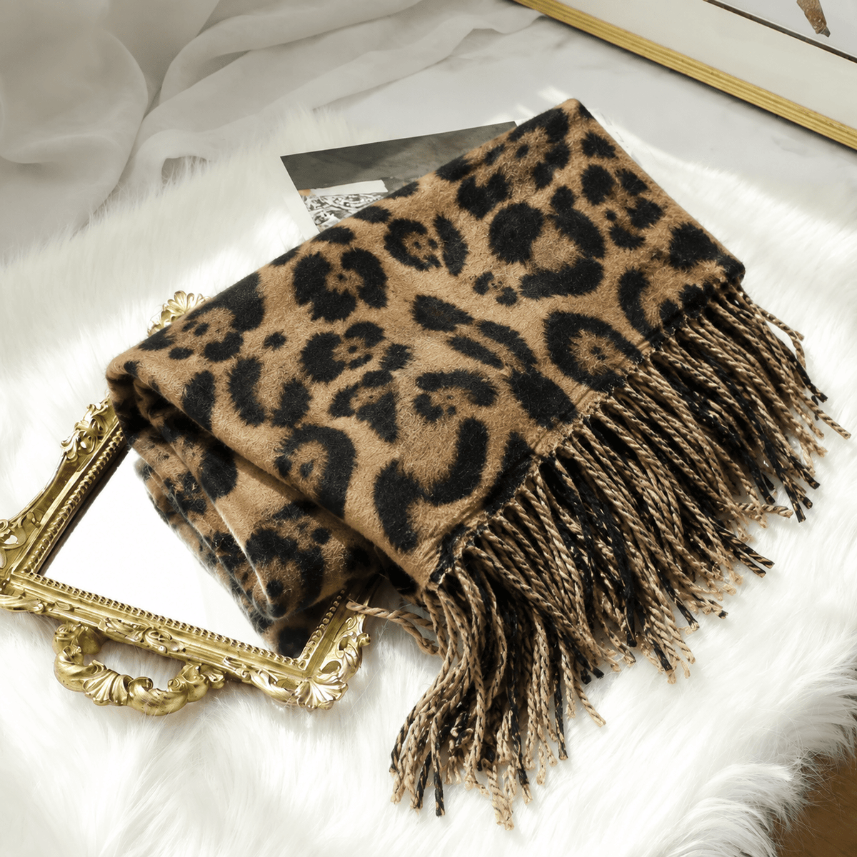 Sophie - Women's Leopard Print Tasselled Blanket Scarf with Fringe Trim - Scarves & Shawls - Brown - Davies & Cooper