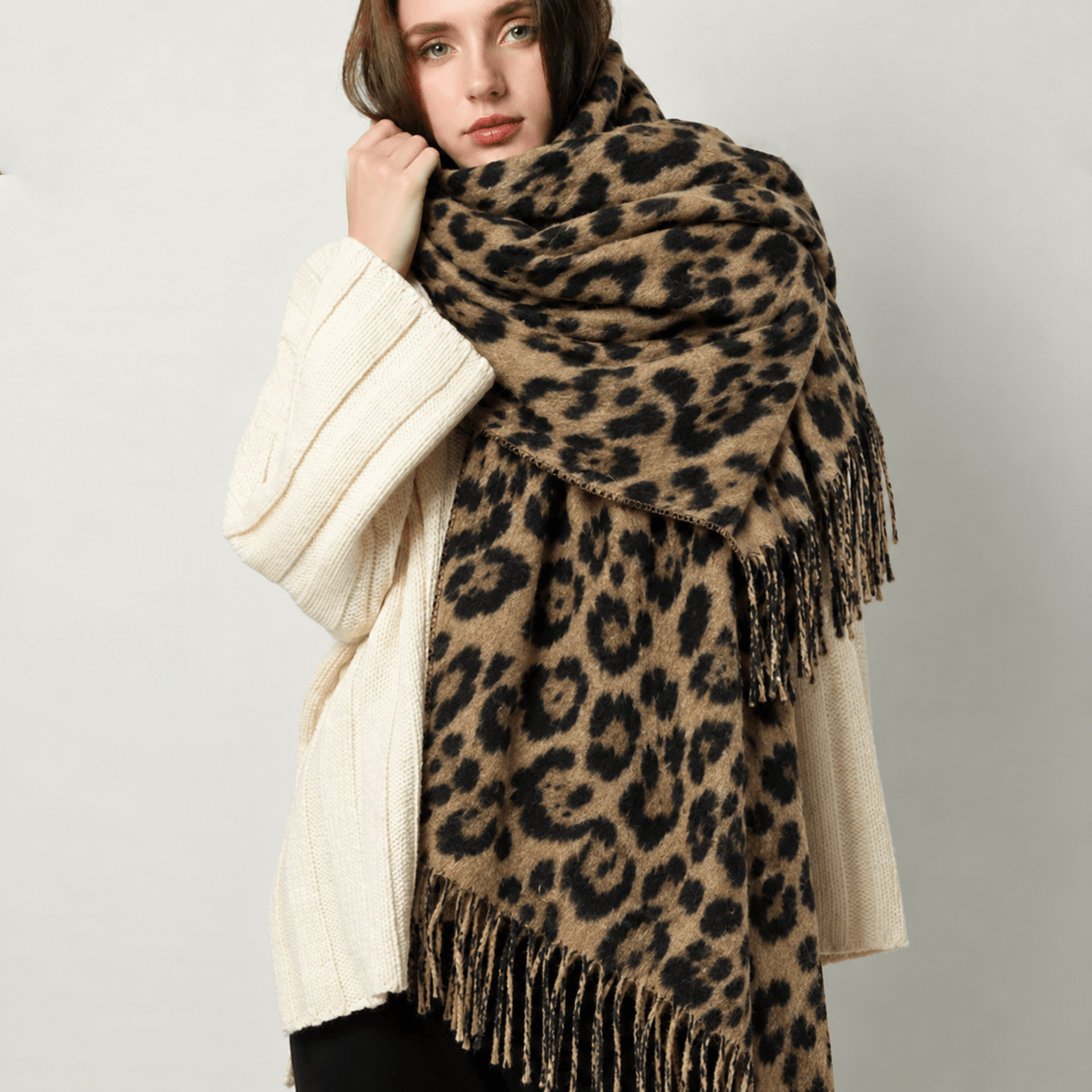 Sophie - Women's Leopard Print Tasselled Blanket Scarf with Fringe Trim - Scarves & Shawls - Brown - Davies & Cooper