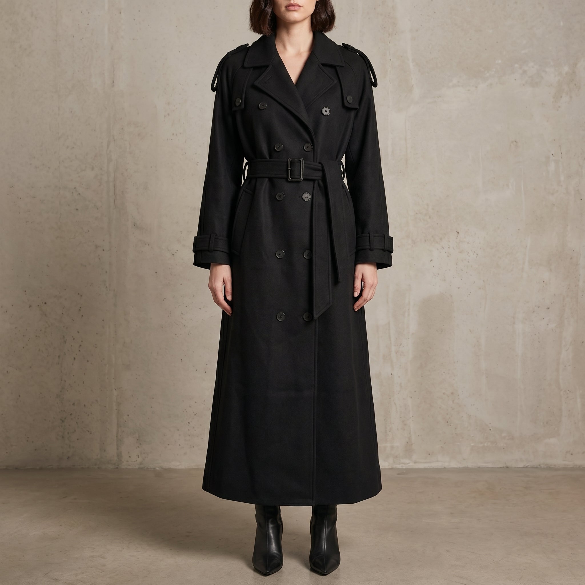 Sophie - Women's Longline Double-Breasted Trench Coat - Trench Coats - Black - Davies & Cooper