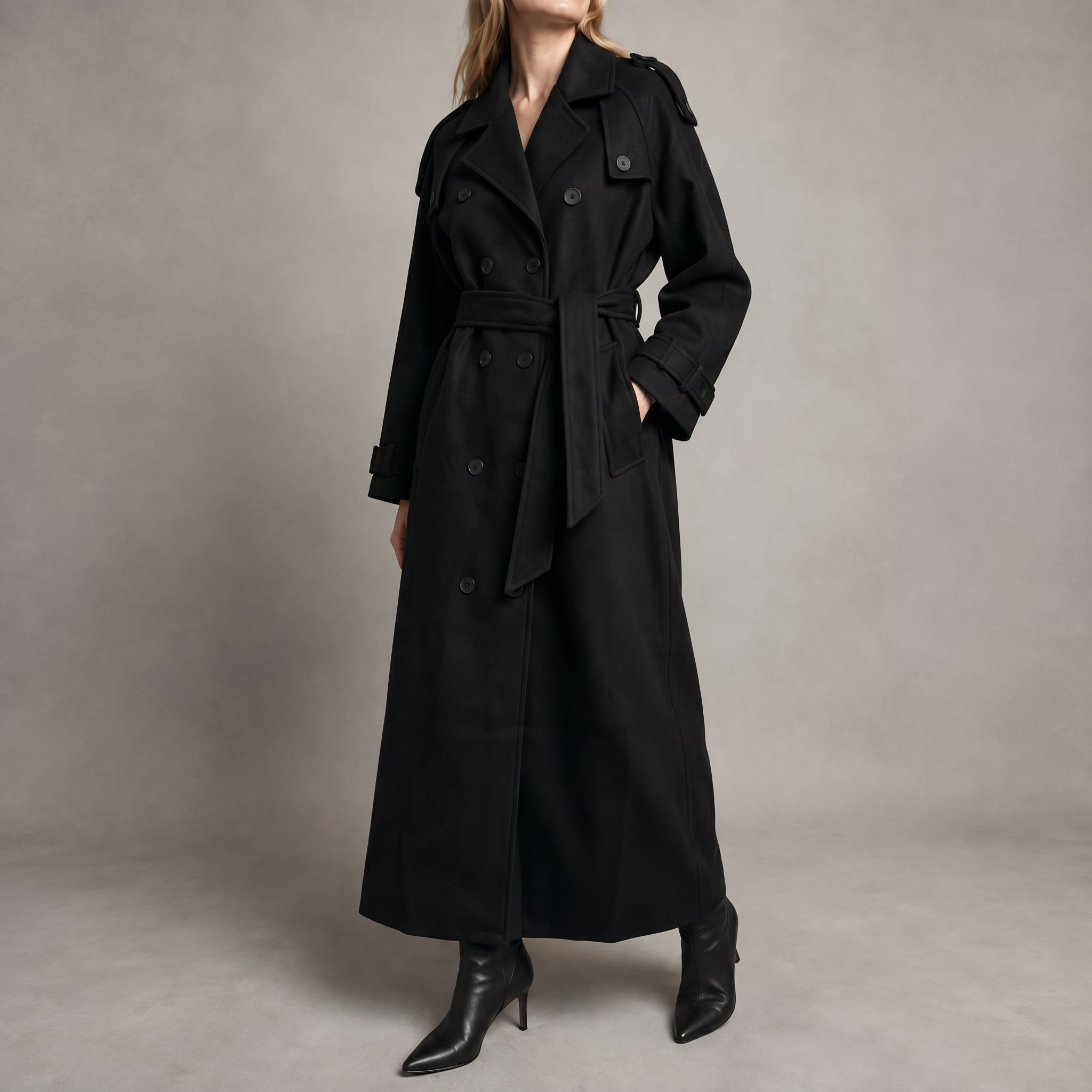 Sophie - Women's Longline Double-Breasted Trench Coat - Trench Coats - Black - Davies & Cooper