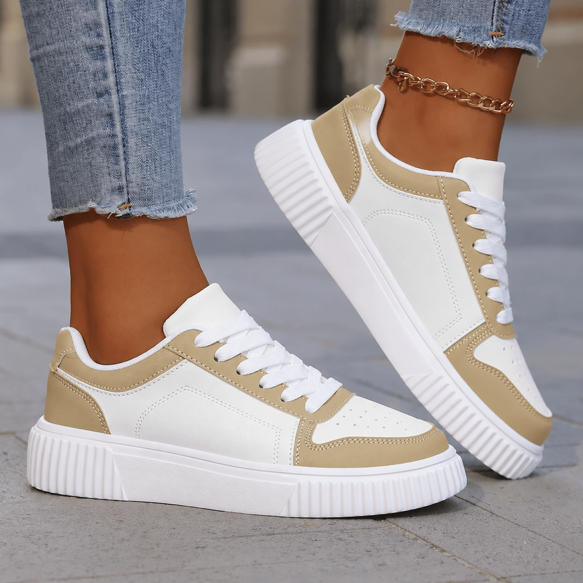 Sophie - Women's Low-Top Platform Trainers with Lace-Up Closure - Sneakers - Khaki - Davies & Cooper