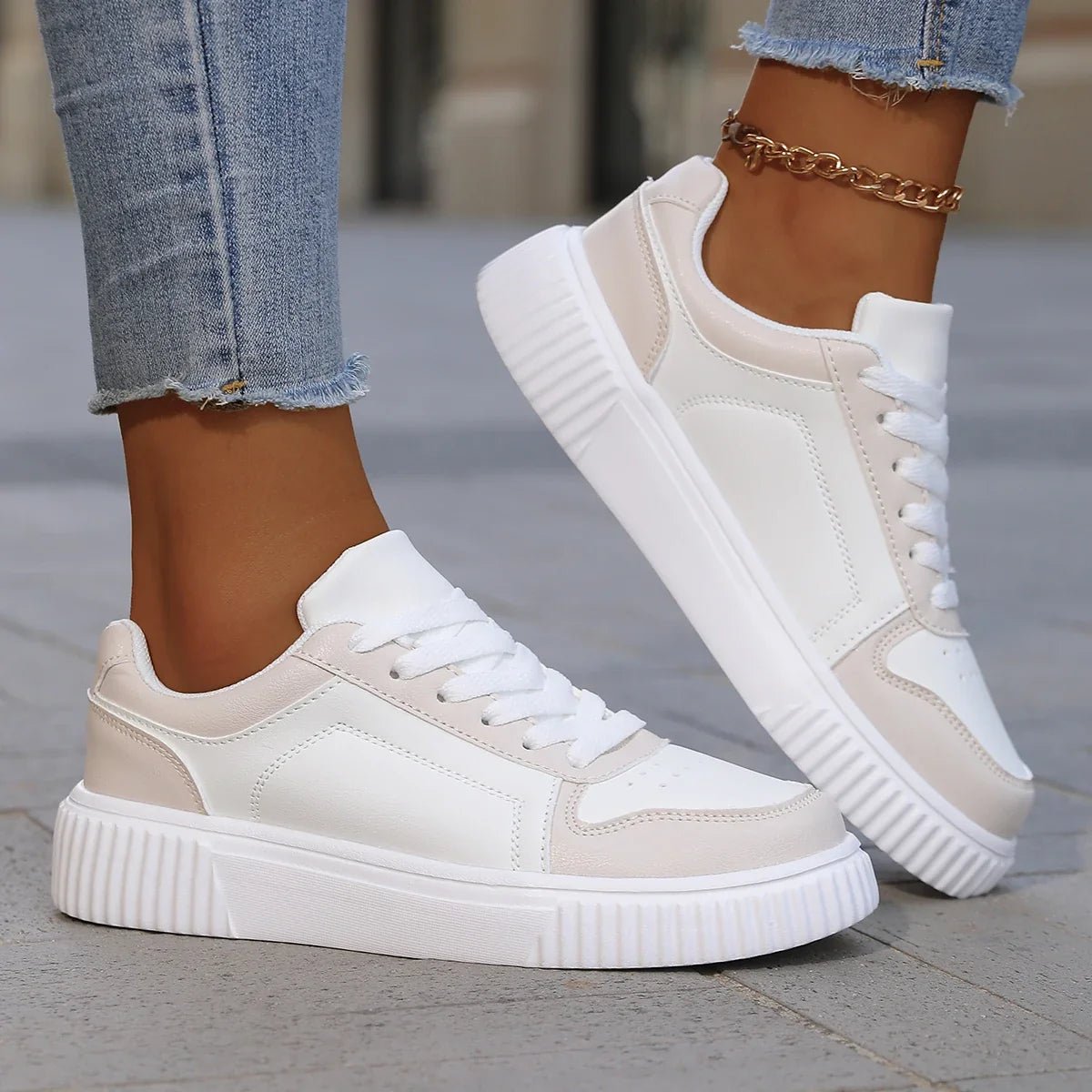Sophie - Women's Low-Top Platform Trainers with Lace-Up Closure - Sneakers - Beige - Davies & Cooper