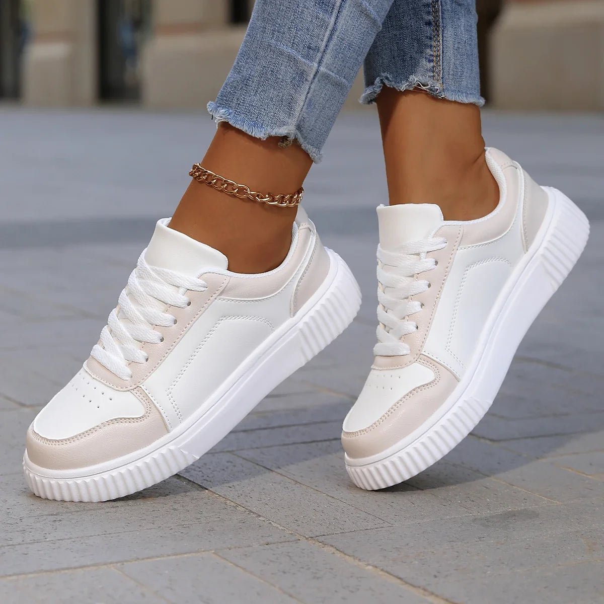 Sophie - Women's Low-Top Platform Trainers with Lace-Up Closure - Sneakers - Beige - Davies & Cooper