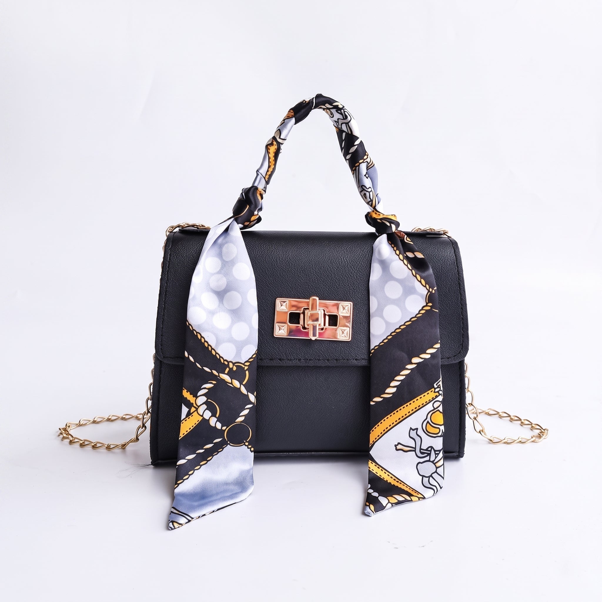 Sophie - Women's Mini Scarf Handle Handbag with Chain Strap - Cross Body Bags - Black - Davies & Cooper