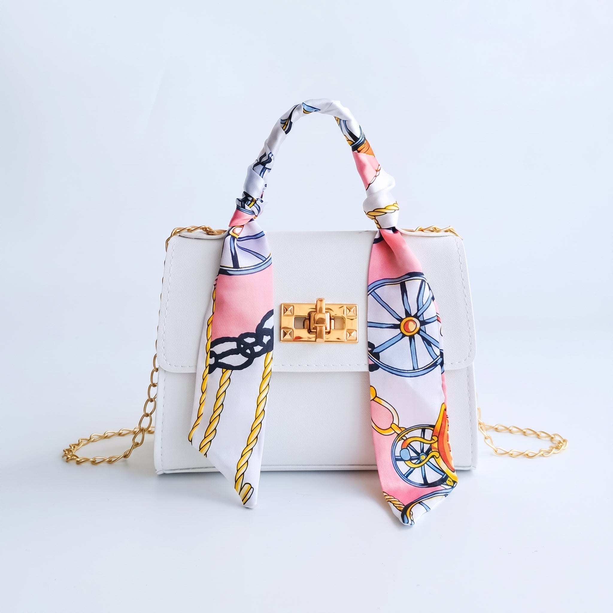 Sophie - Women's Mini Scarf Handle Handbag with Chain Strap - Cross Body Bags - White - Davies & Cooper