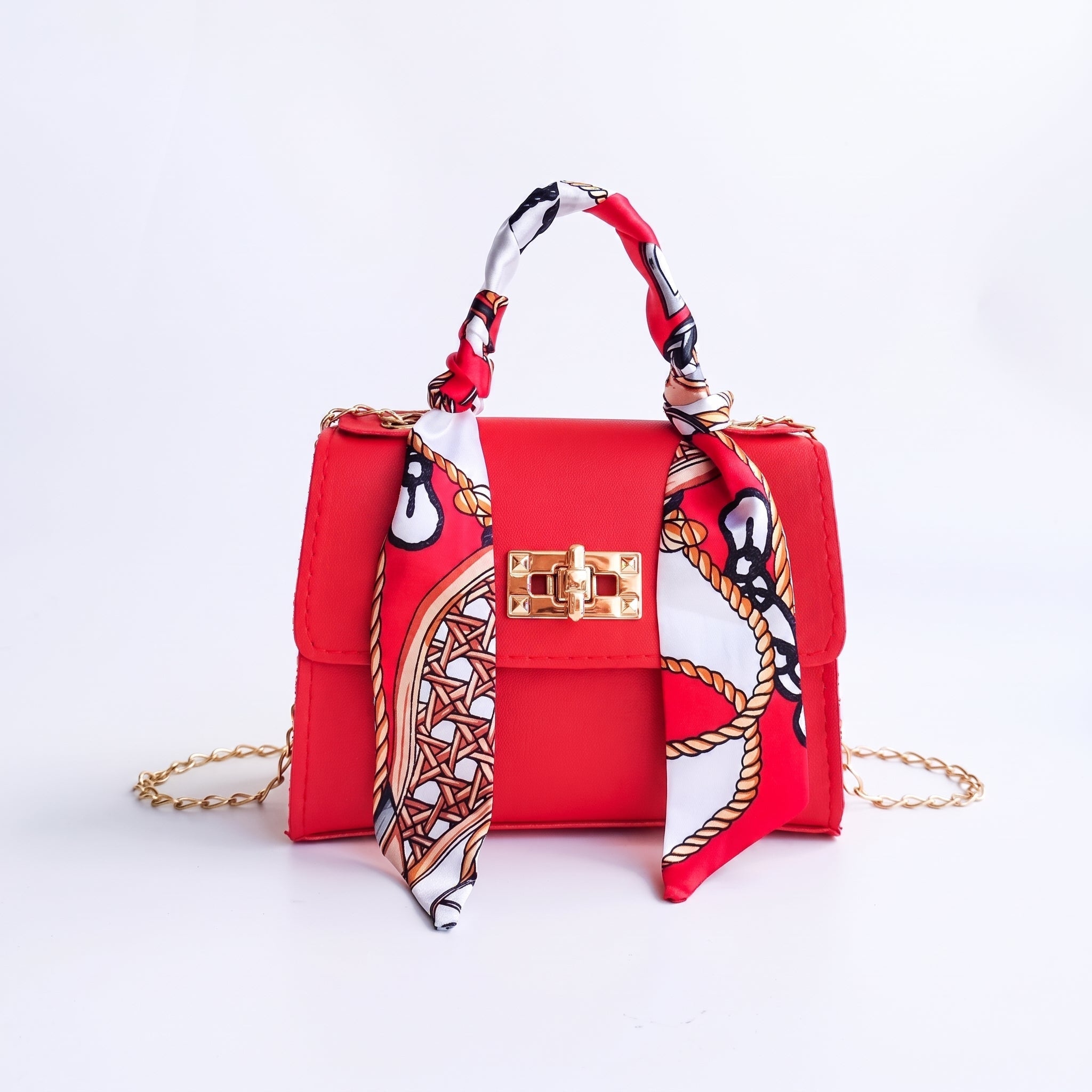 Sophie - Women's Mini Scarf Handle Handbag with Chain Strap - Cross Body Bags - Red - Davies & Cooper