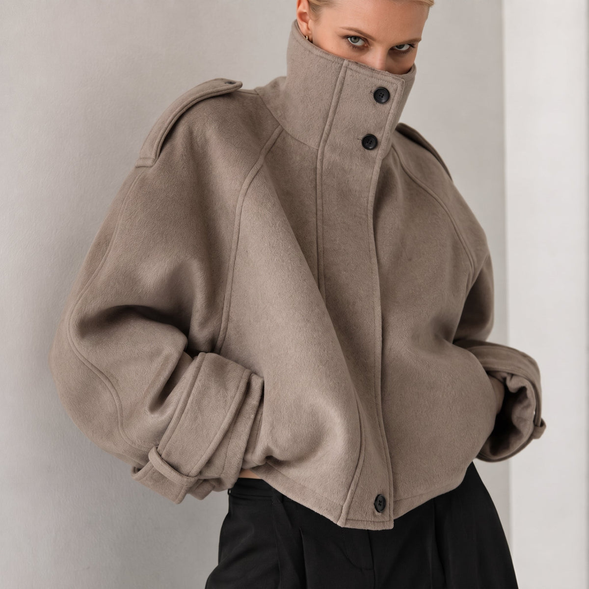 Sophie - Women's Mock Neck Oversized Coat with Stand Collar - Overcoats - Khaki - Davies & Cooper