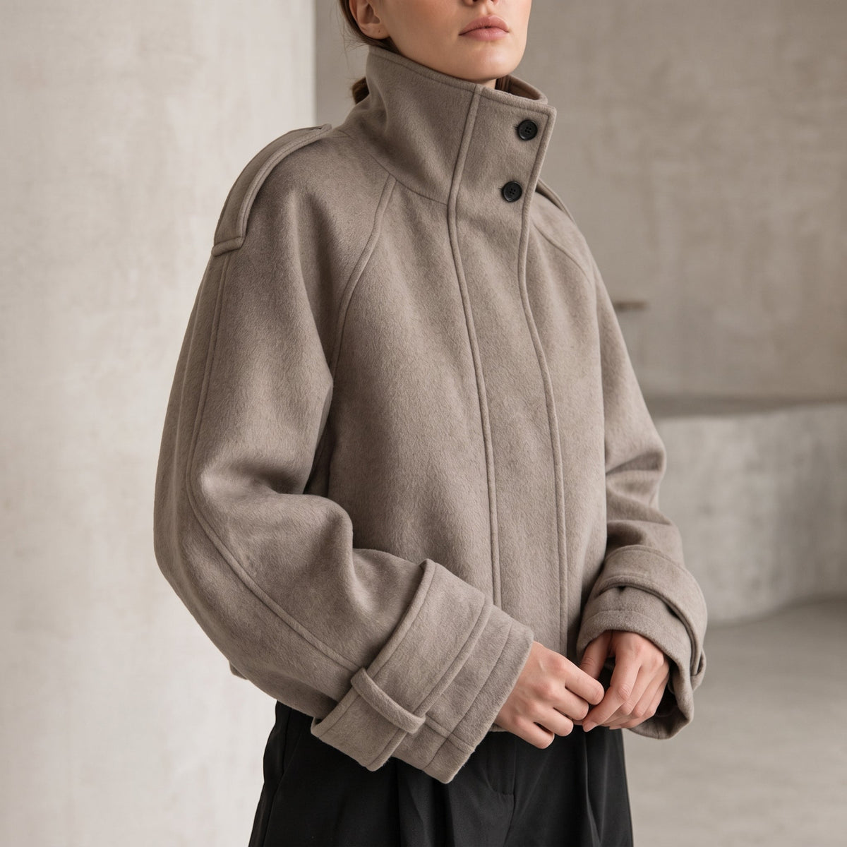 Sophie - Women's Mock Neck Oversized Coat with Stand Collar - Overcoats - Khaki - Davies & Cooper