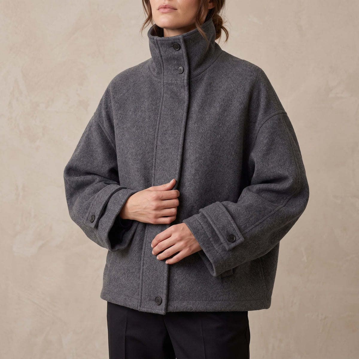 Sophie - Women's Mock Neck Oversized Coat with Stand Collar - Overcoats - Grey - Davies & Cooper