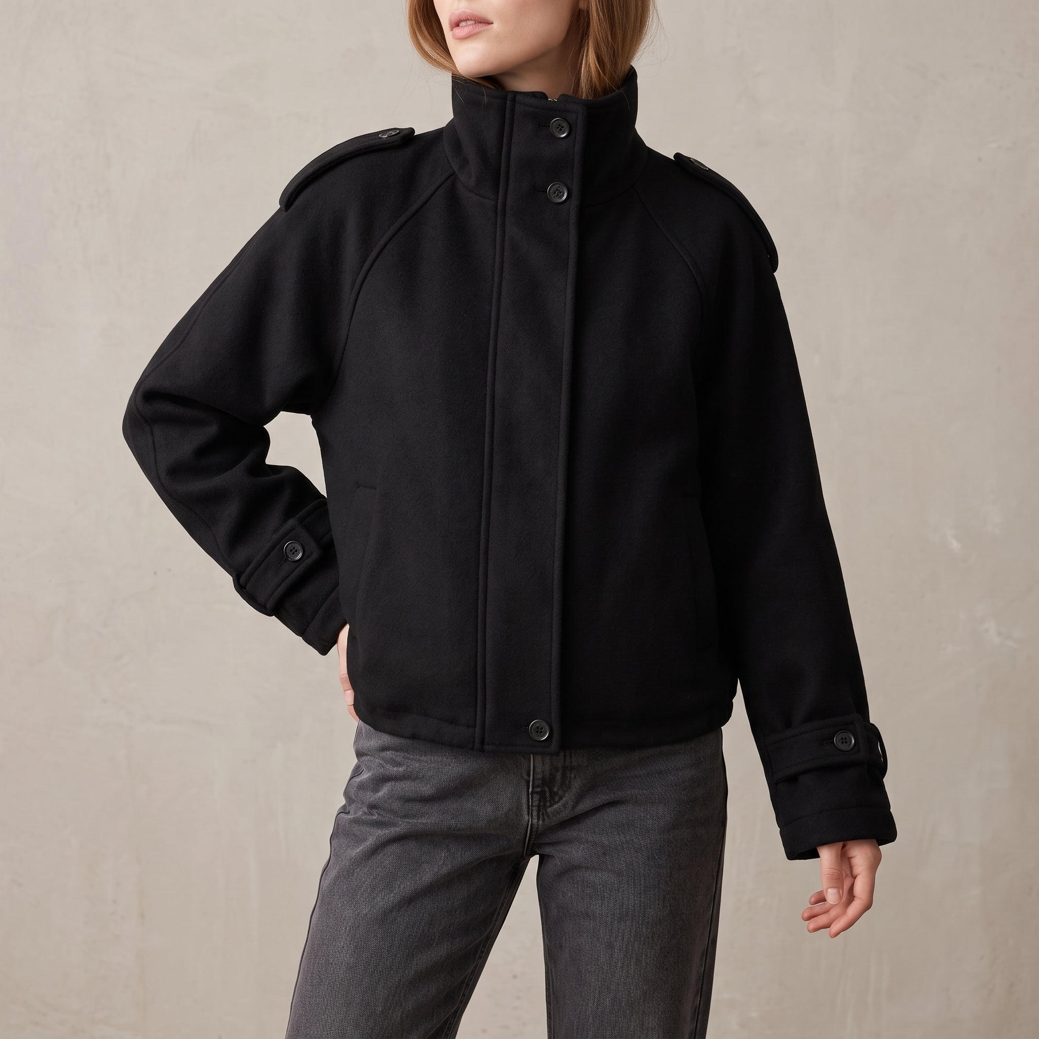 Sophie - Women's Mock Neck Oversized Coat with Stand Collar - Overcoats - Black - Davies & Cooper