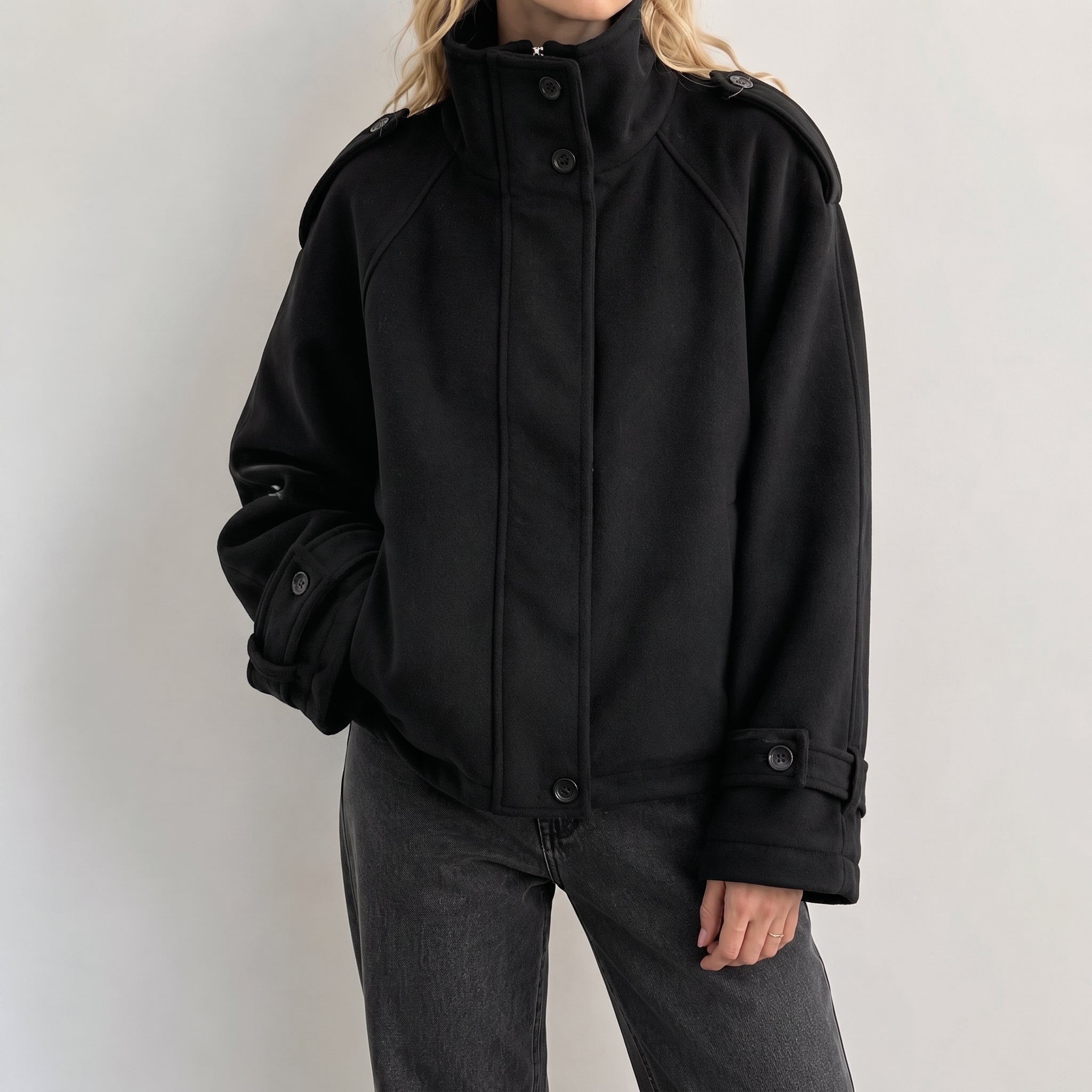 Sophie - Women's Mock Neck Oversized Coat with Stand Collar - Overcoats - Black - Davies & Cooper