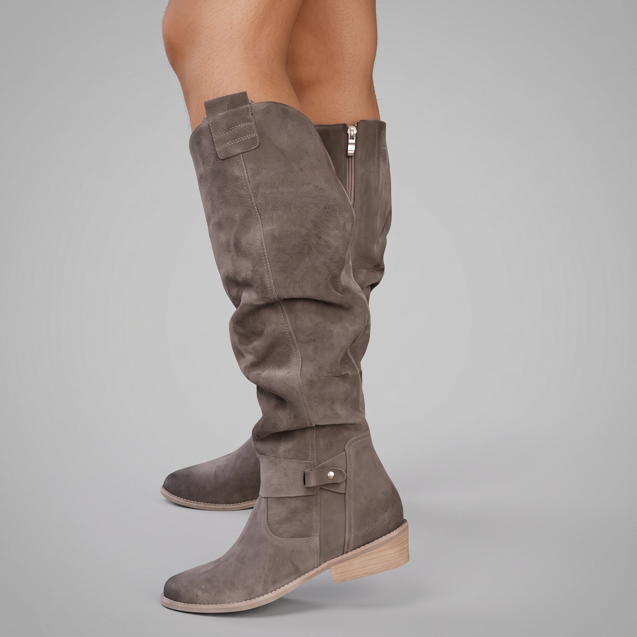 Sophie - Women's Orthopaedic Slouch Knee-High Boots with Buckle Strap - Boots - Khaki - Davies & Cooper