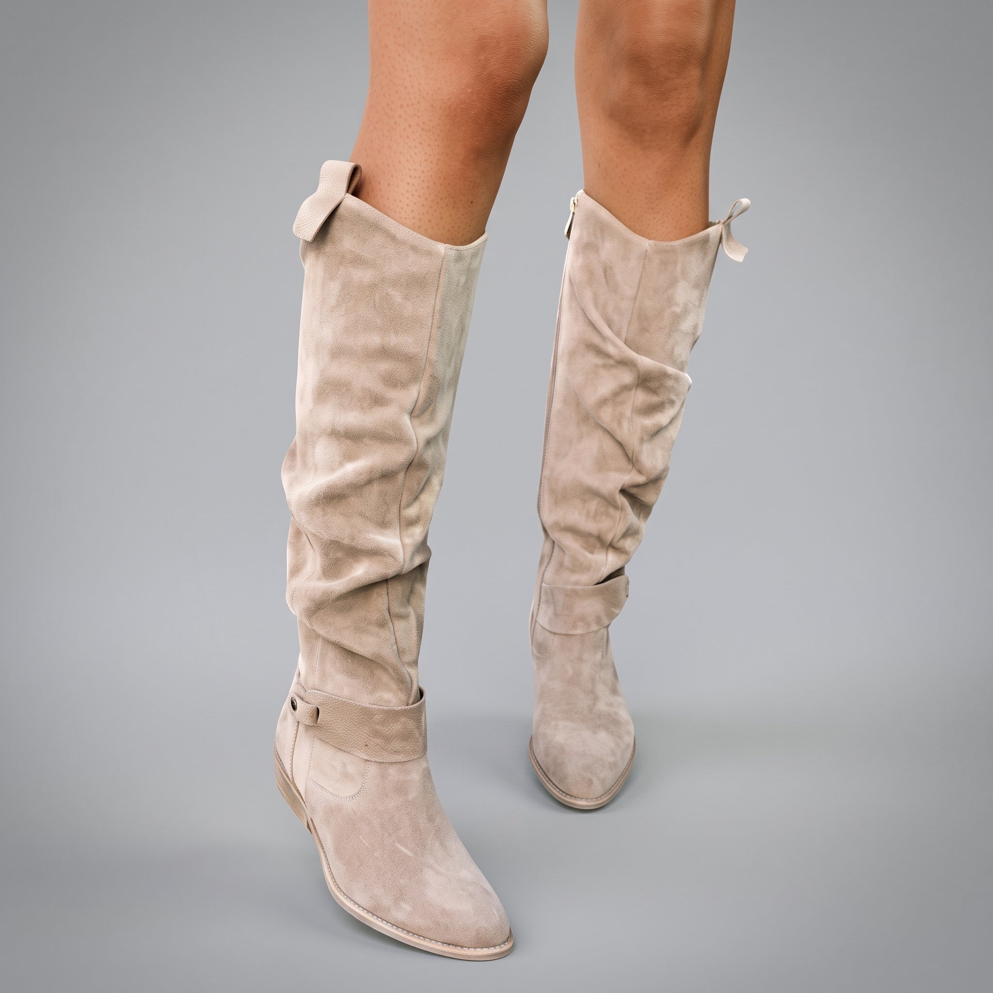 Sophie - Women's Orthopaedic Slouch Knee-High Boots with Buckle Strap - Boots - Beige - Davies & Cooper
