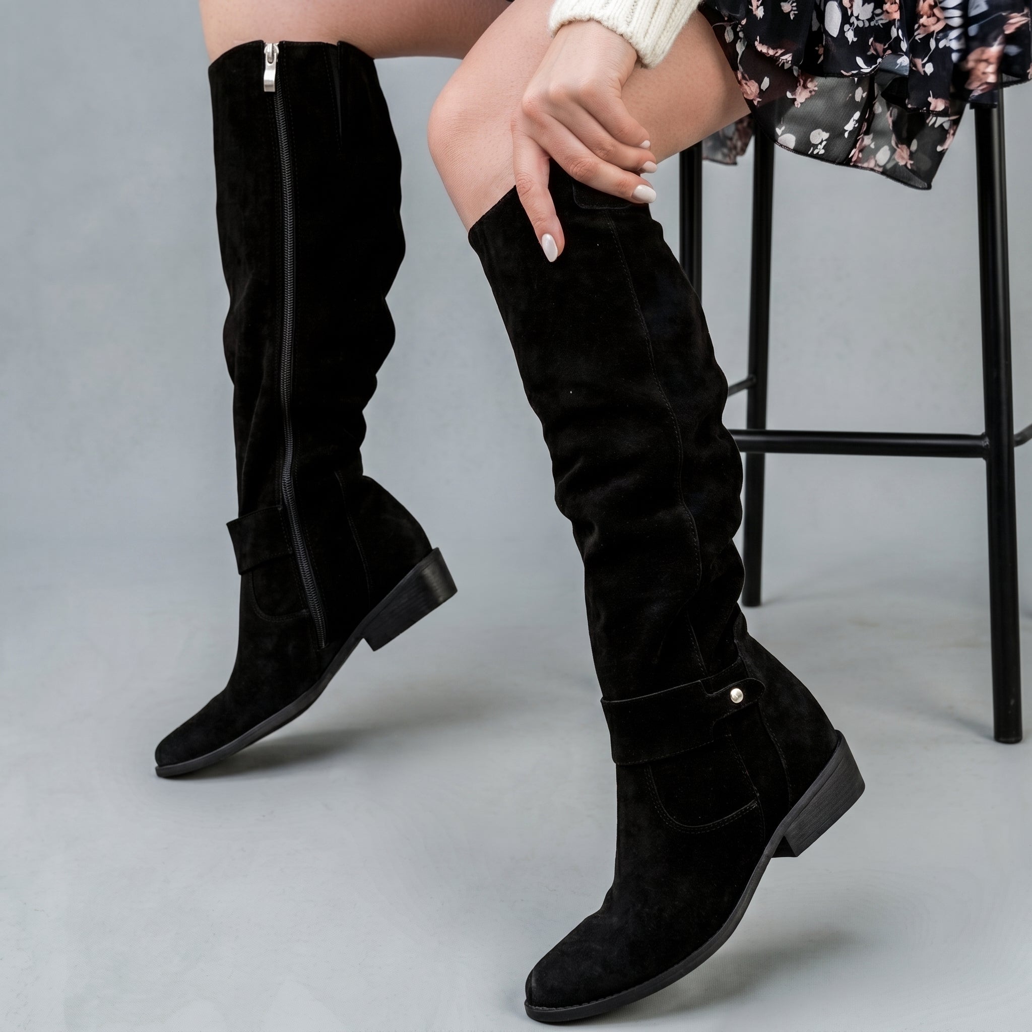 Sophie - Women's Orthopaedic Slouch Knee-High Boots with Buckle Strap - Boots - Black - Davies & Cooper