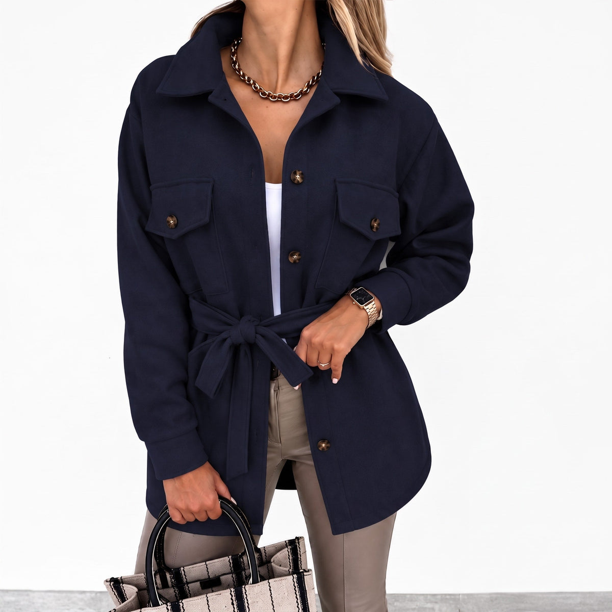 Sophie - Women's Oversized Button-Front Shirt Jacket with Flap Pockets - Coats & Jackets - Navy Blue - Davies & Cooper