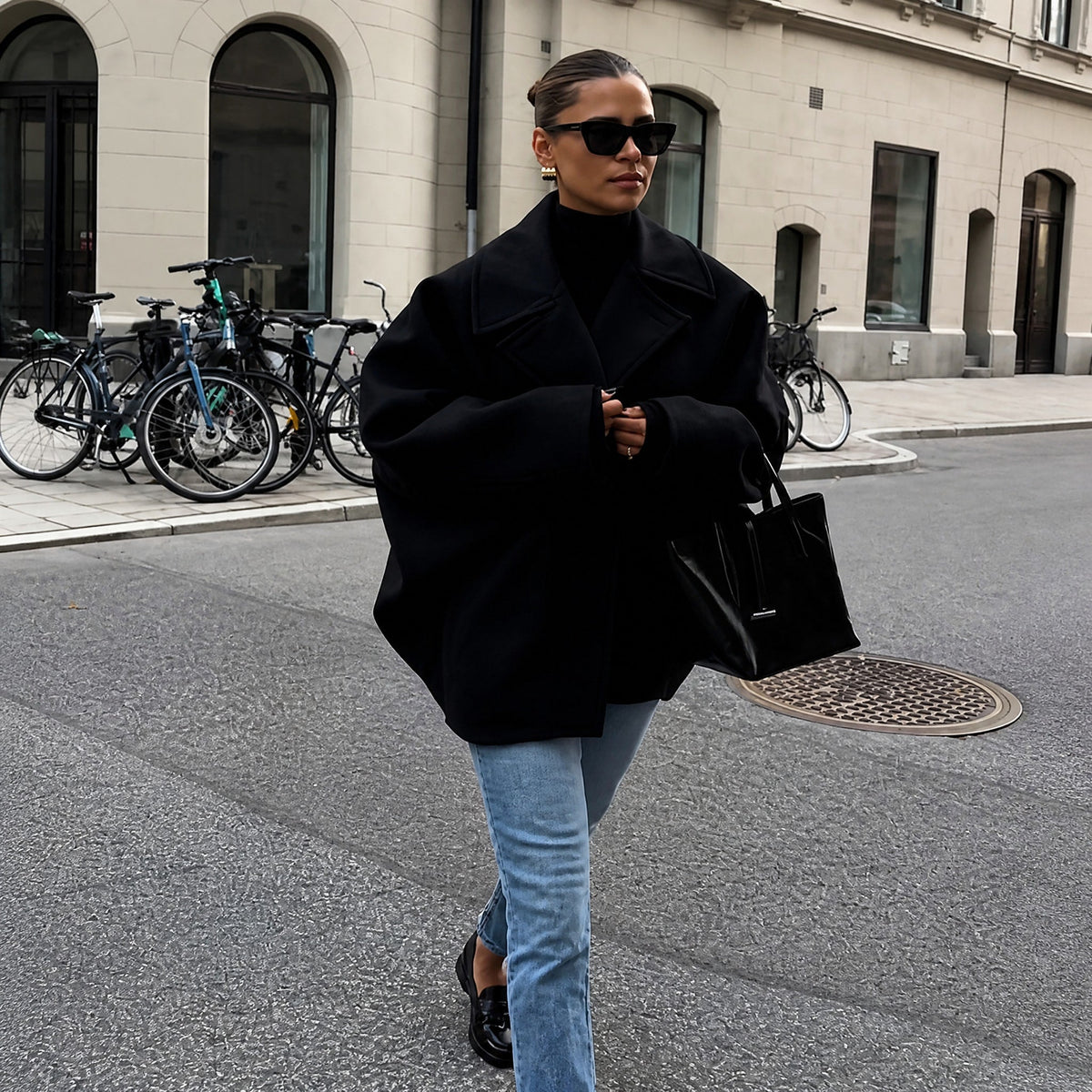 Sophie - Women's Oversized Collared Button-Front Jacket - Coats & Jackets - Black - Davies & Cooper
