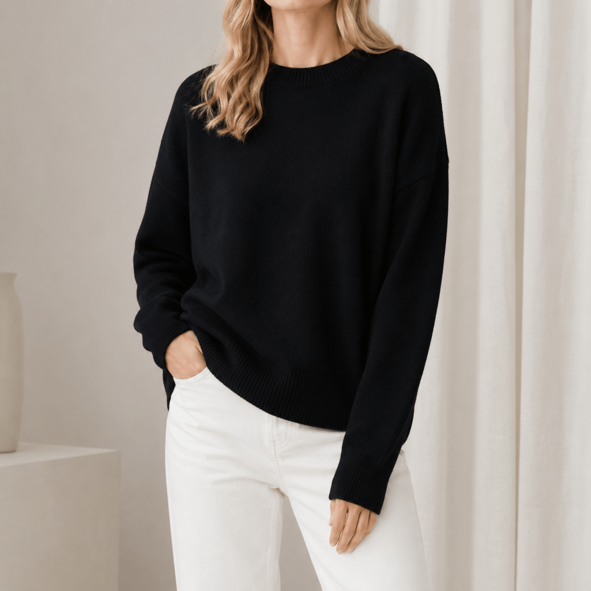 Sophie - Women's Oversized Crewneck Knit Jumper with Ribbed Cuffs - Sweaters - Black - Davies & Cooper