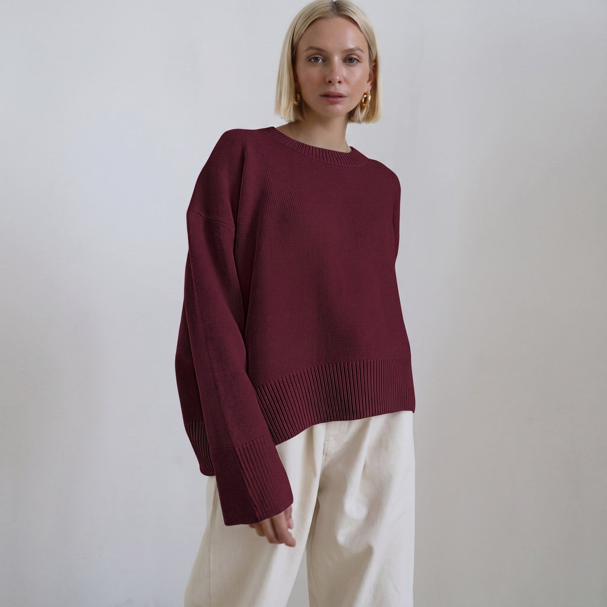 Sophie - Women's Oversized Crewneck Knit Jumper with Ribbed Cuffs - Sweaters - Dark Red - Davies & Cooper