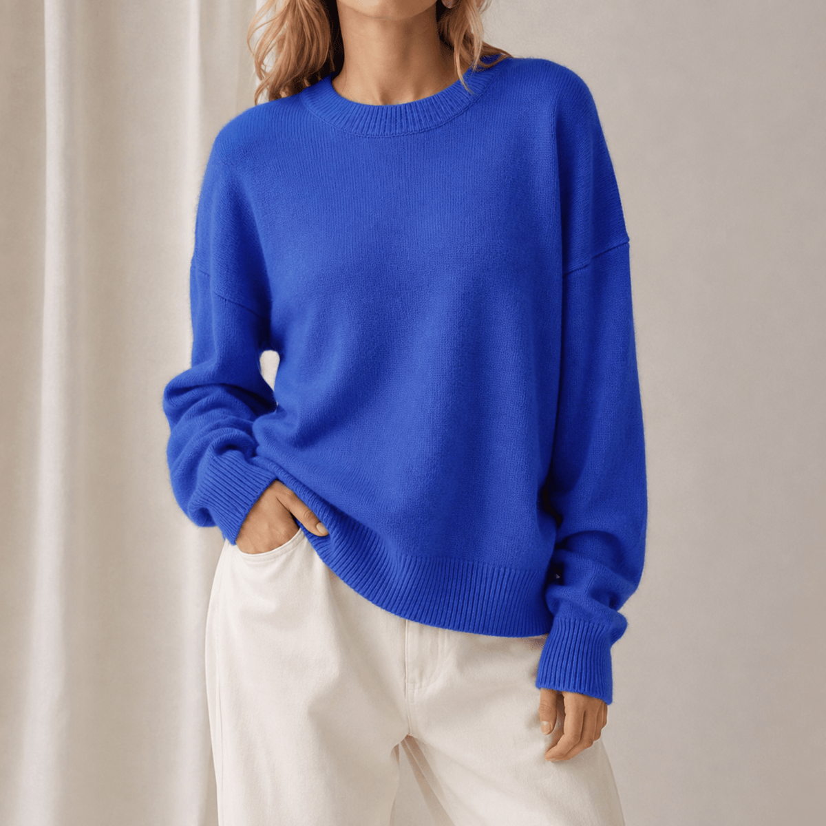 Sophie - Women's Oversized Crewneck Knit Jumper with Ribbed Cuffs - Sweaters - Blue - Davies & Cooper