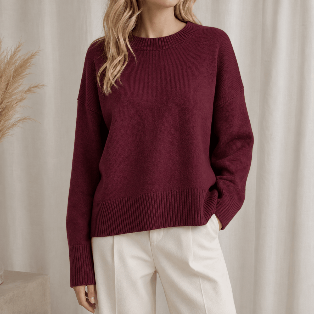 Sophie - Women's Oversized Crewneck Knit Jumper with Ribbed Cuffs - Sweaters - Dark Red - Davies & Cooper