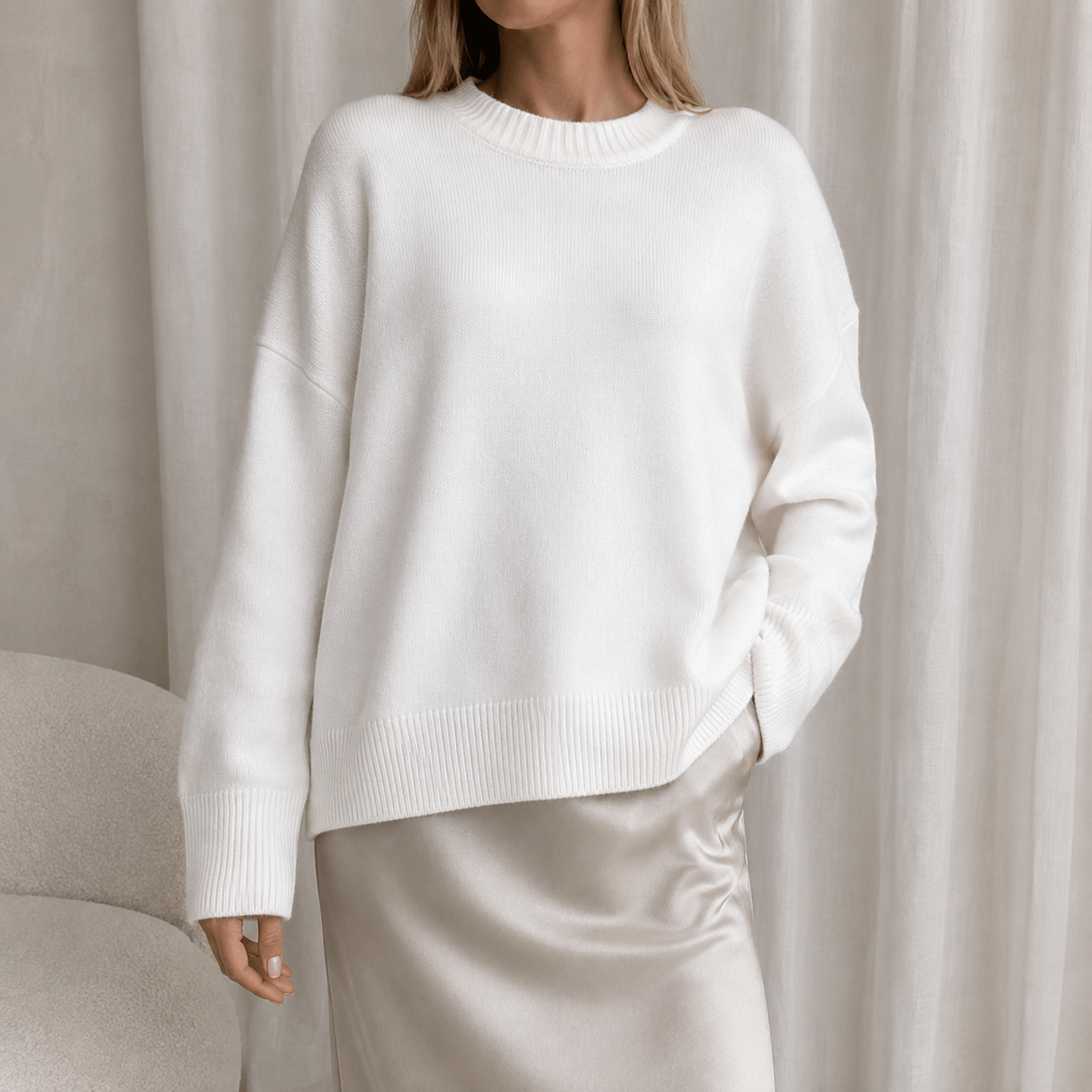 Sophie - Women's Oversized Crewneck Knit Jumper with Ribbed Cuffs - Sweaters - White - Davies & Cooper