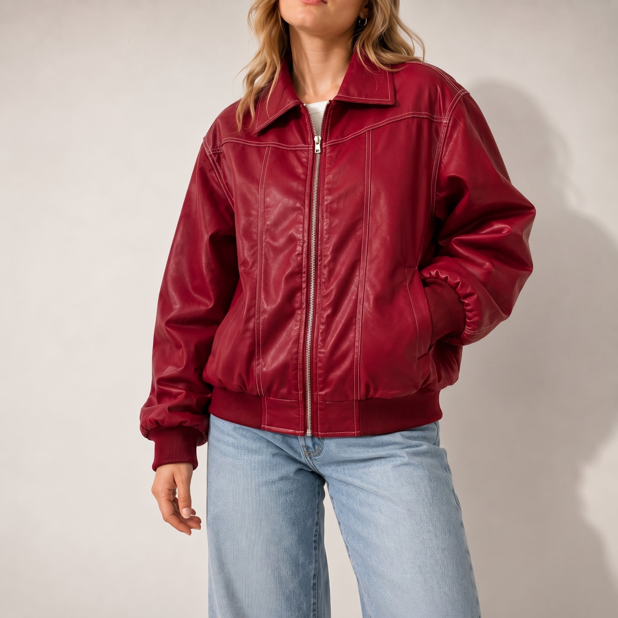 Sophie - Women's Oversized Cropped Jacket with Contrast Stitching - Coats & Jackets - Red - Davies & Cooper