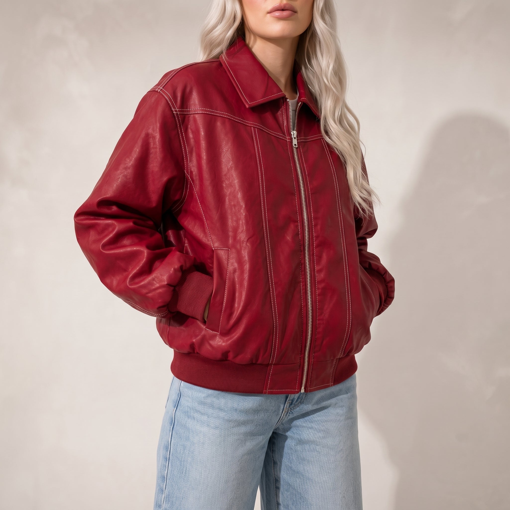 Sophie - Women's Oversized Cropped Jacket with Contrast Stitching - Coats & Jackets - Red - Davies & Cooper