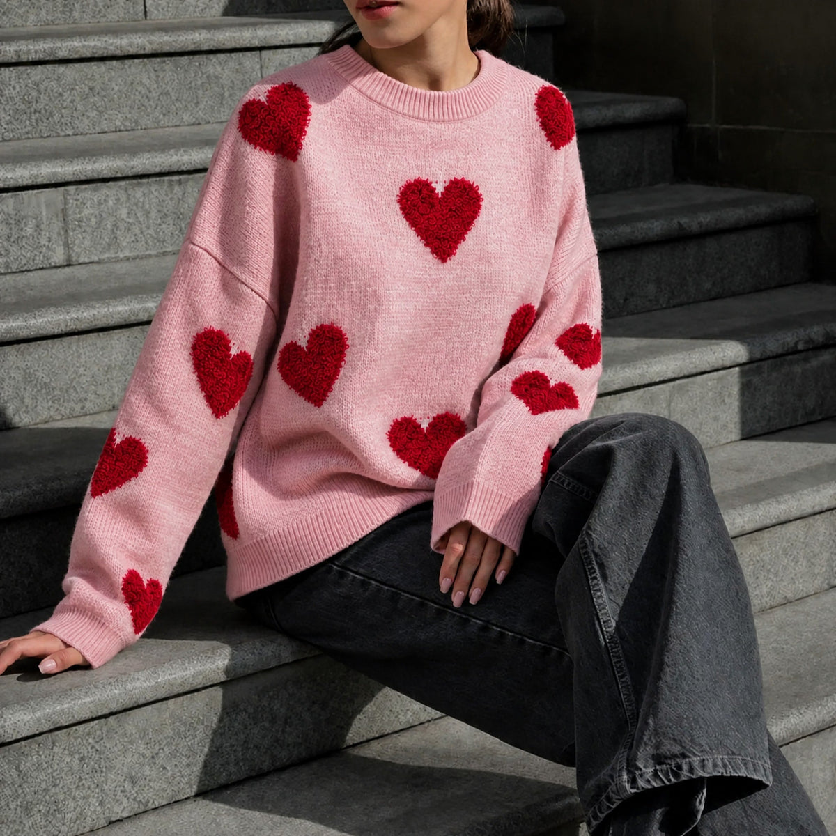 Sophie - Women's Oversized Heart Print Knit Jumper - Sweaters - White - Davies & Cooper