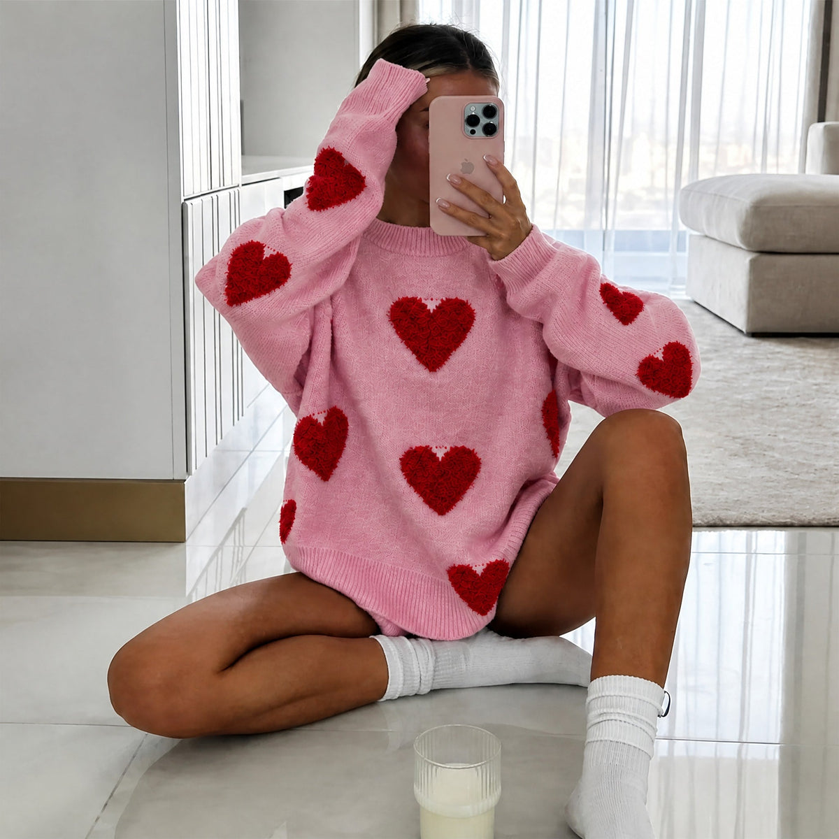 Sophie - Women's Oversized Heart Print Knit Jumper - Sweaters - White - Davies & Cooper