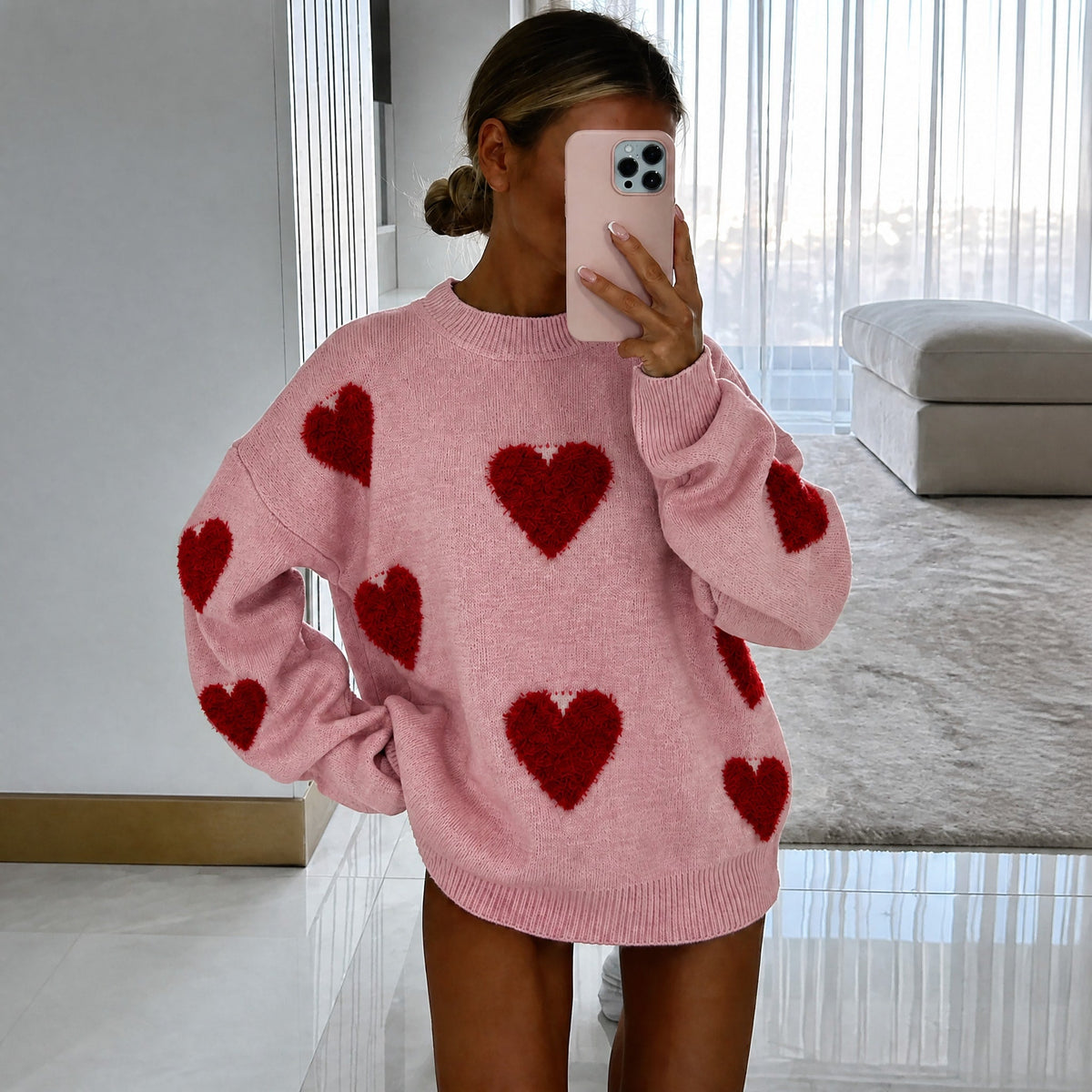 Sophie - Women's Oversized Heart Print Knit Jumper - Sweaters - Pink - Davies & Cooper