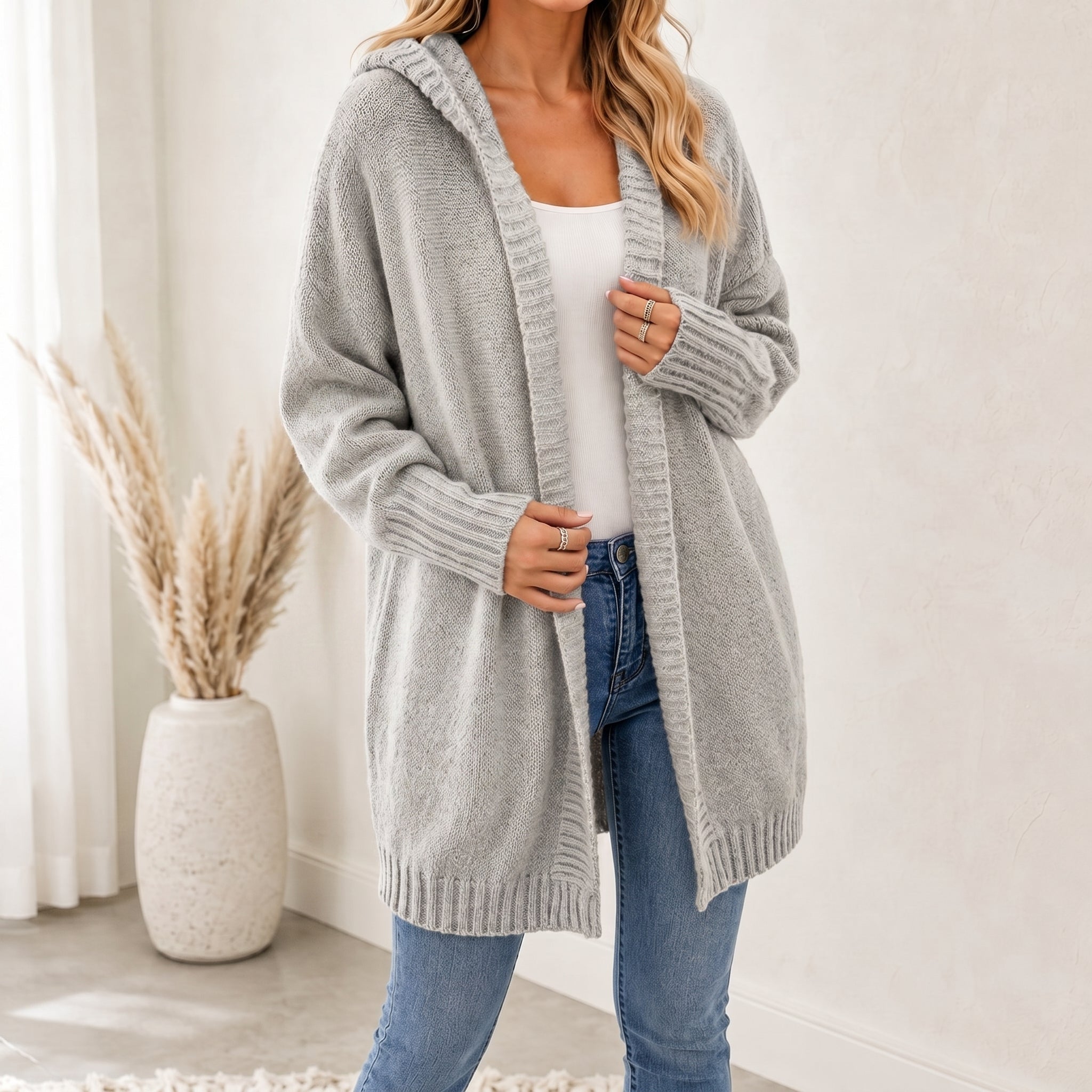 Sophie - Women's Oversized Hooded Knit Cardigan - Cardigans - Grey - Davies & Cooper