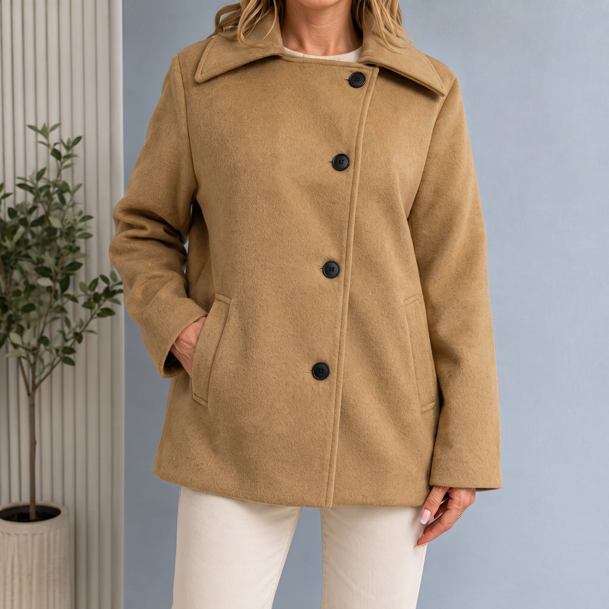 Sophie - Women's Oversized Longline Coat with Wide Collar - Overcoats - Beige - Davies & Cooper