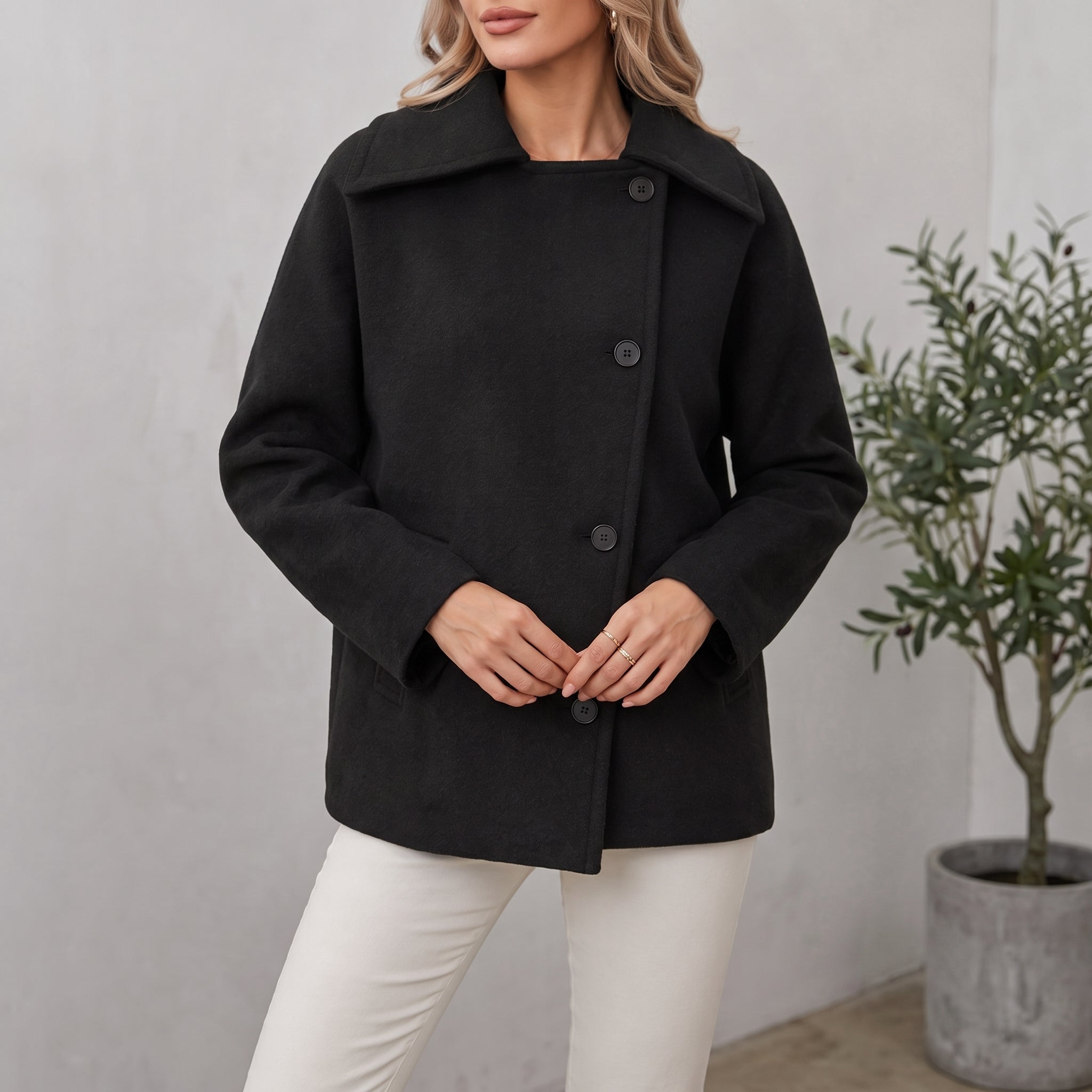 Sophie - Women's Oversized Longline Coat with Wide Collar - Overcoats - Black - Davies & Cooper