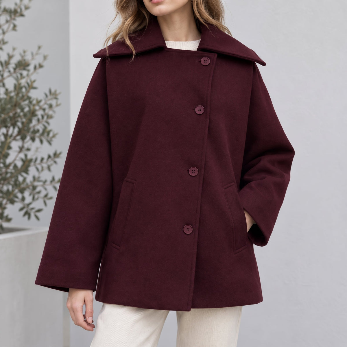 Sophie - Women's Oversized Longline Coat with Wide Collar - Overcoats - Dark Red - Davies & Cooper