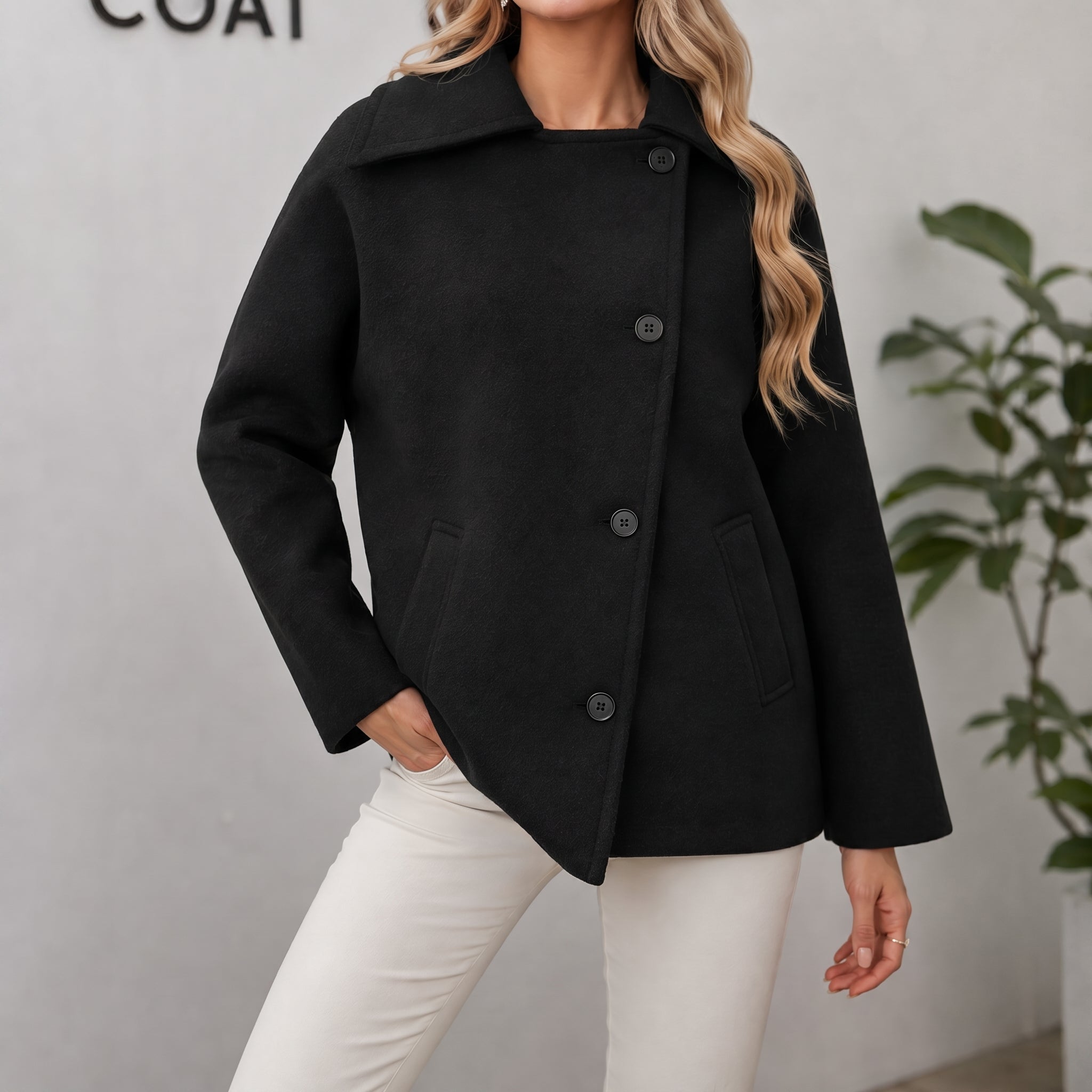 Sophie - Women's Oversized Longline Coat with Wide Collar - Overcoats - Black - Davies & Cooper