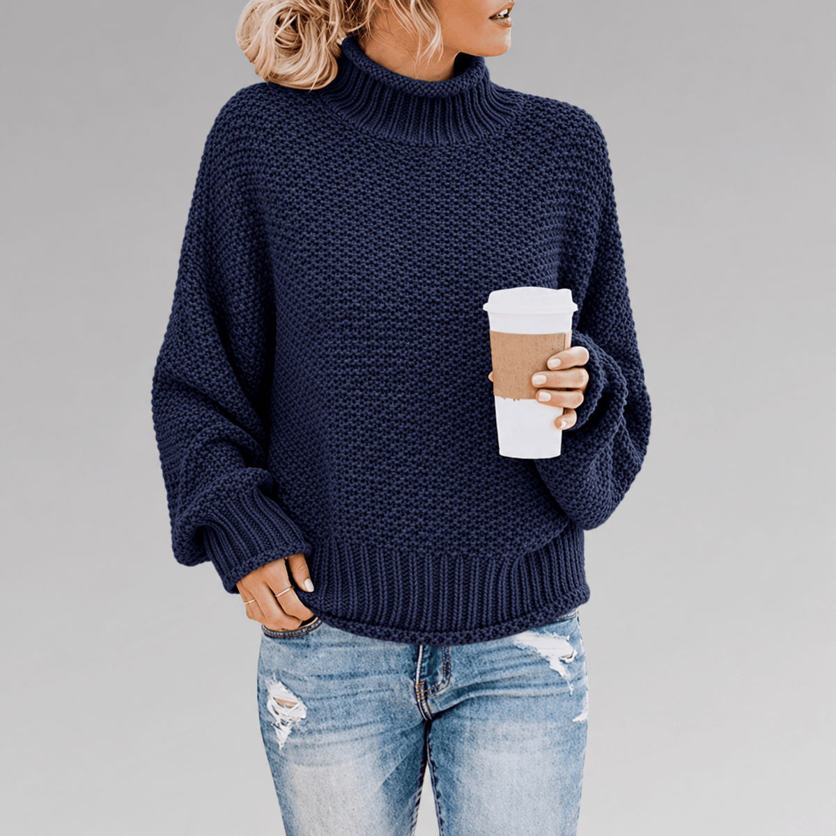 Sophie - Women's Oversized Turtleneck Chunky Knit Jumper with Batwing Sleeves - Sweaters - Navy Blue - Davies & Cooper