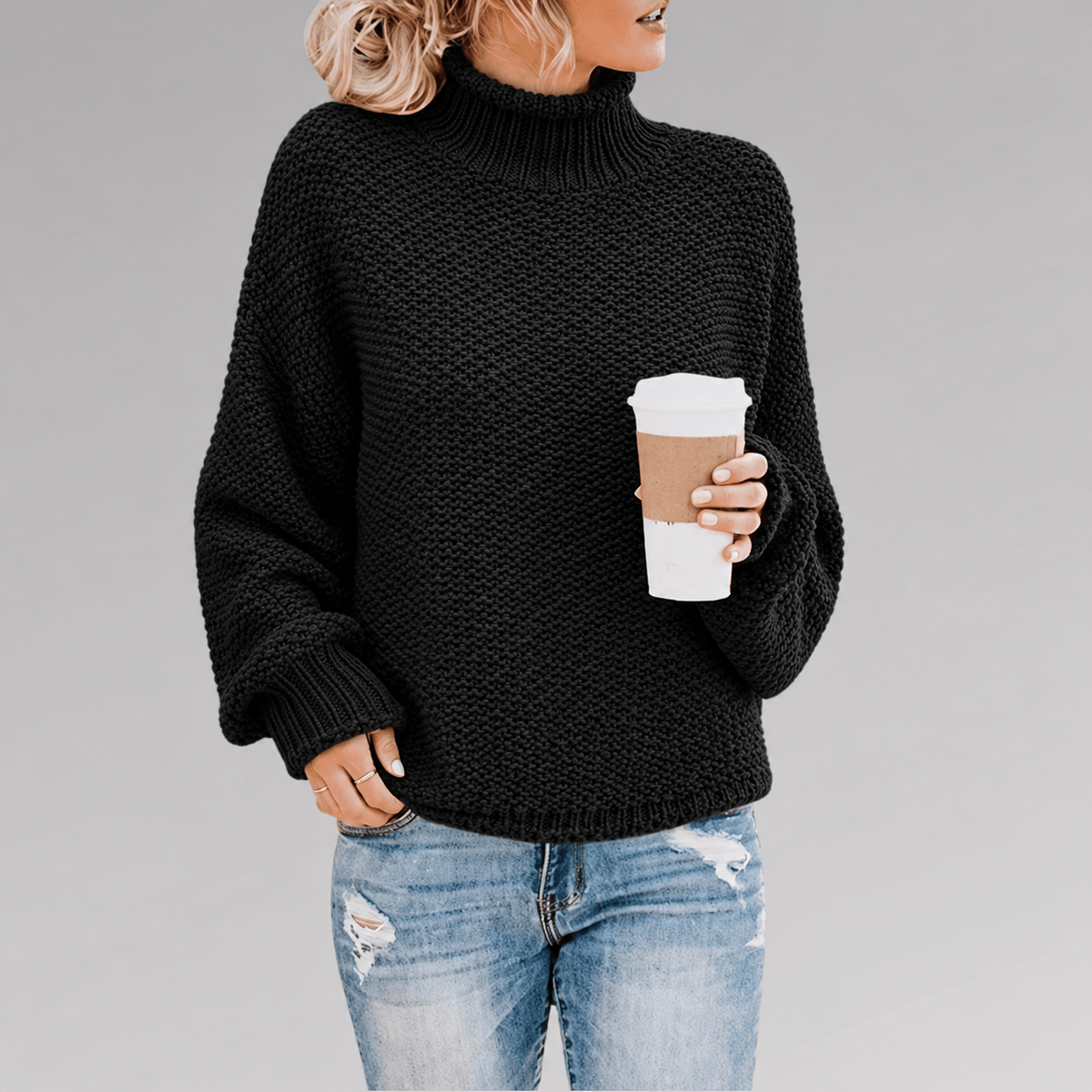 Sophie - Women's Oversized Turtleneck Chunky Knit Jumper with Batwing Sleeves - Sweaters - Black - Davies & Cooper