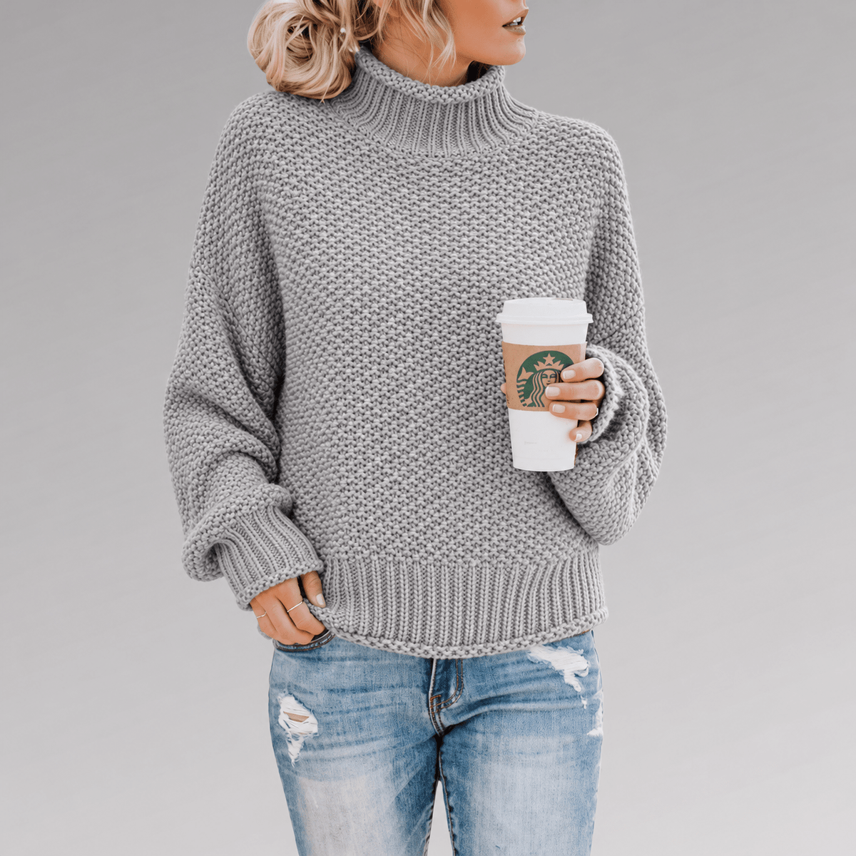 Sophie - Women's Oversized Turtleneck Chunky Knit Jumper with Batwing Sleeves - Sweaters - Grey - Davies & Cooper