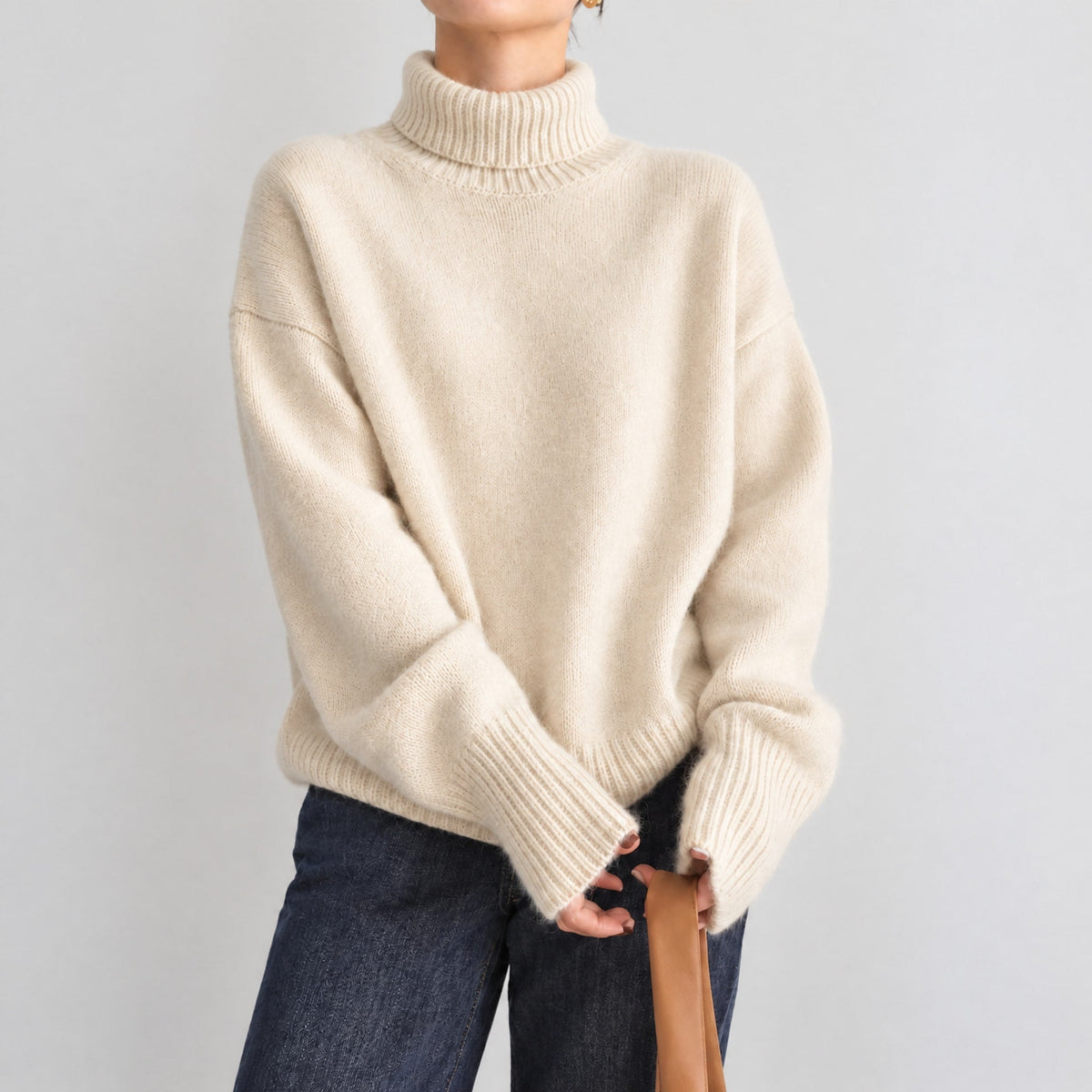 Sophie - Women's Oversized Turtleneck Jumper with Ribbed Cuffs - Sweaters - Beige - Davies & Cooper