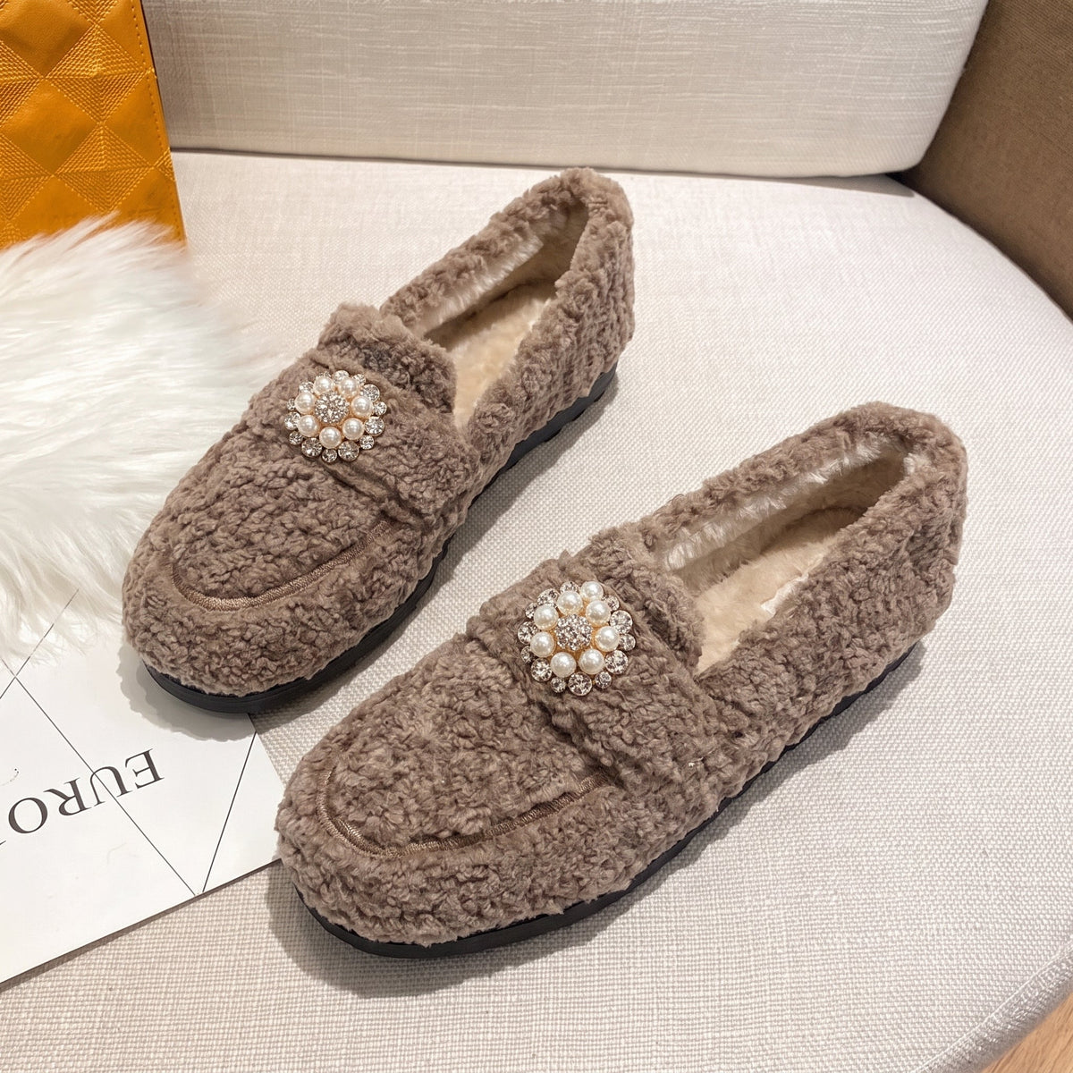 Sophie - Women's Pearl Embellished Faux Fur Loafers with Flat Sole - Flats - Khaki - Davies & Cooper