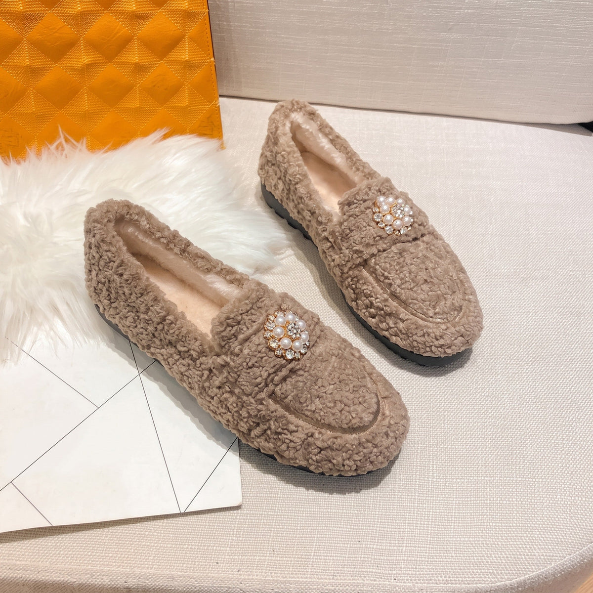 Sophie - Women's Pearl Embellished Faux Fur Loafers with Flat Sole - Flats - Khaki - Davies & Cooper